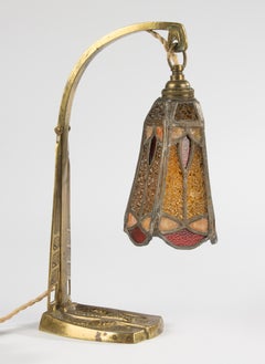 Original Art Deco Table Lamp - Bronze - With Stained Glass Shade
