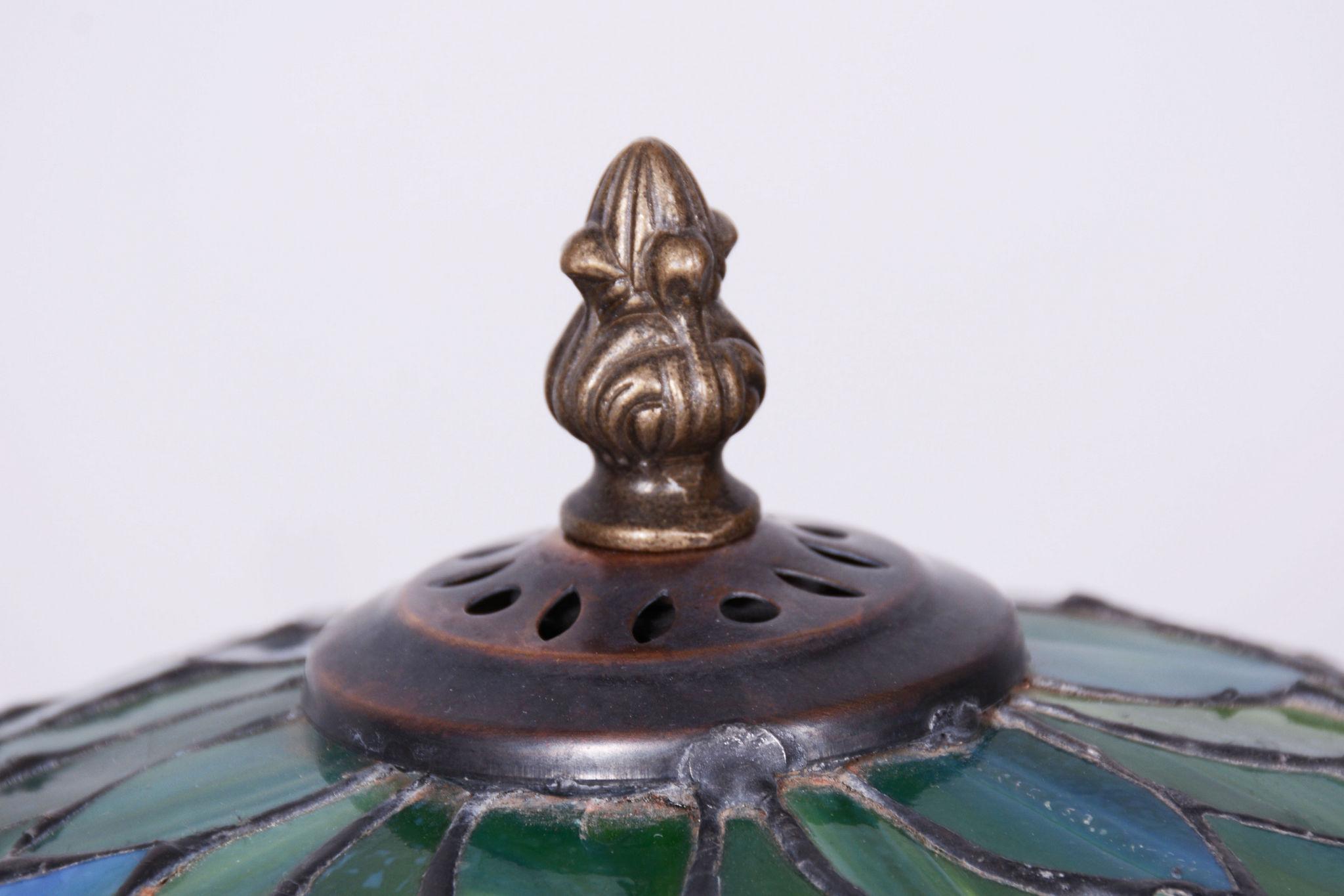 Lampe de bureau Art déco d'origine, bronze émaillé, abat-jour en verre, France, 1970 en vente 4