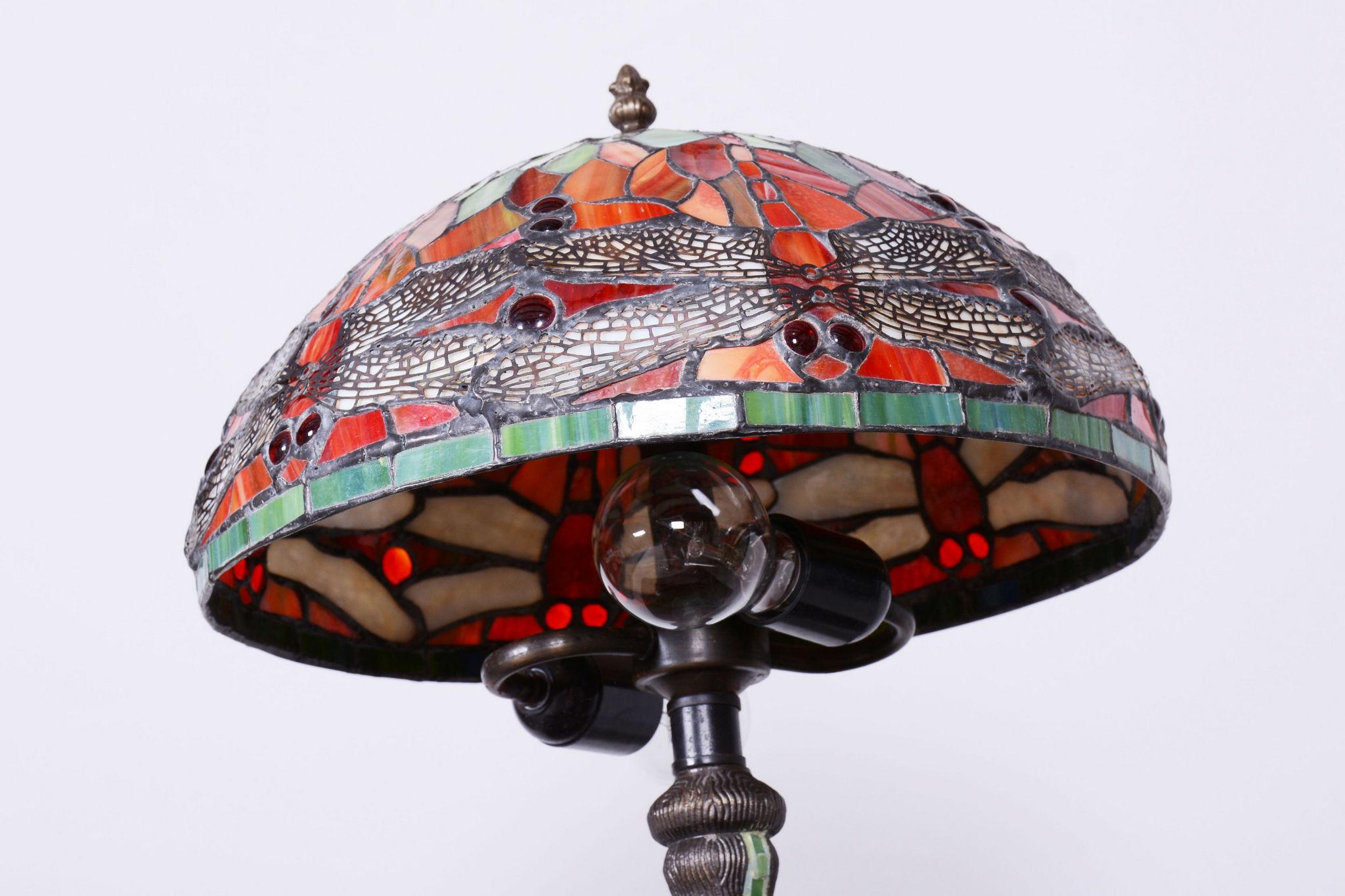 Original Art Deco Table Lamp, Enameled Bronze, Glass Shade, France, 1970s For Sale 6