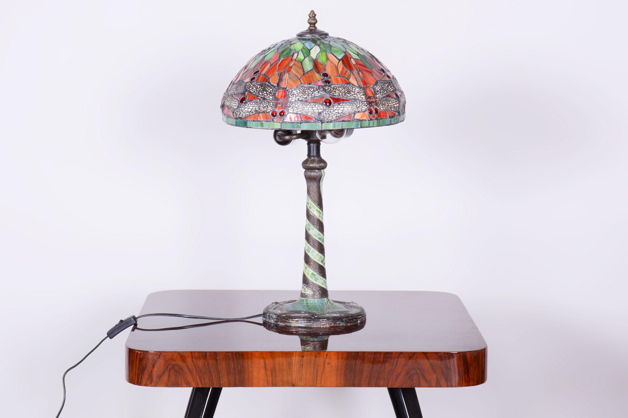 Original Art Deco Table Lamp, Enameled Bronze, Glass Shade, France, 1970s For Sale 8