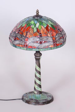 Original Art Deco Table Lamp, Enameled Bronze, Glass Shade, France, 1970s