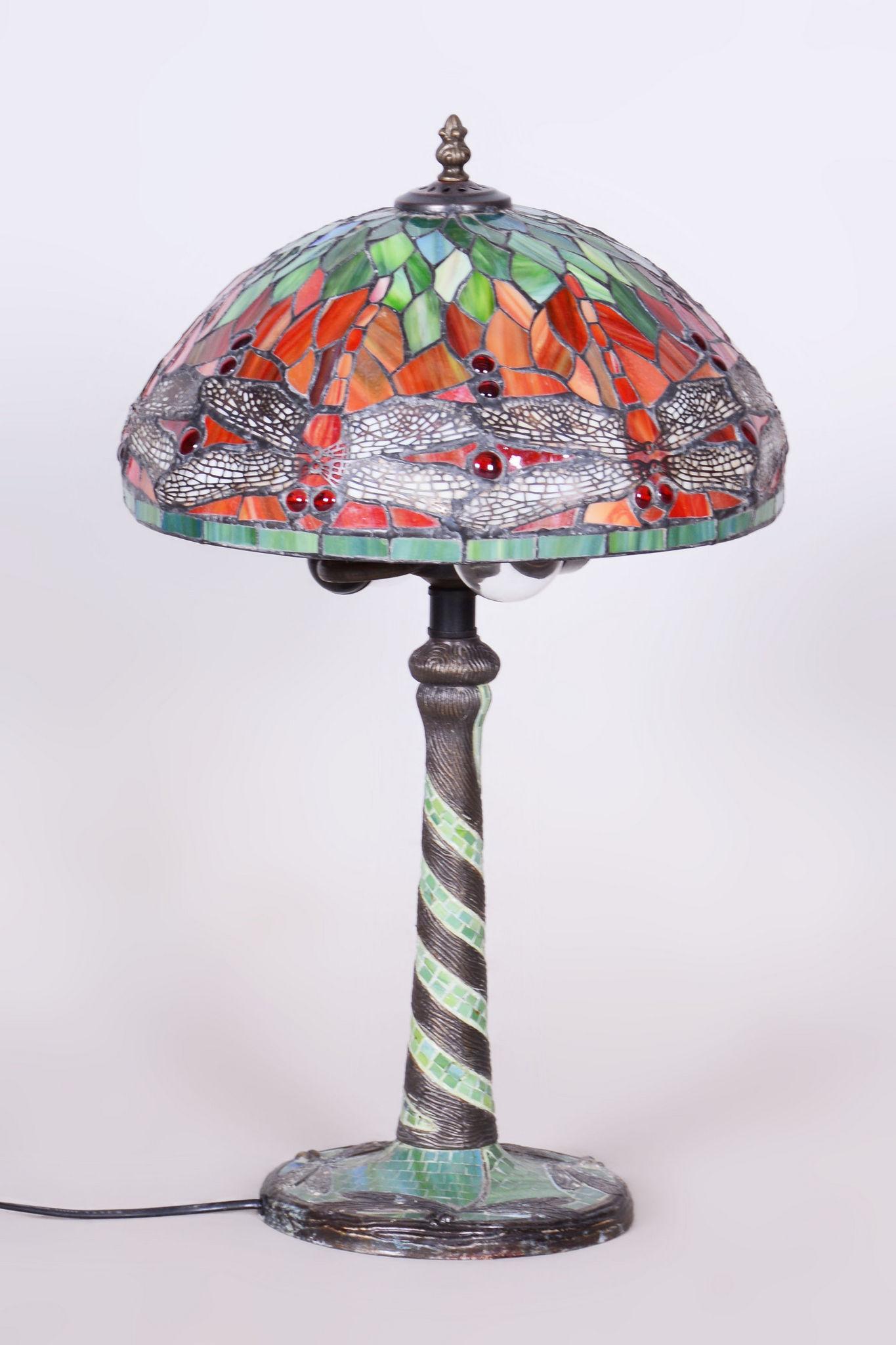 French Original Art Deco Table Lamp, Enameled Bronze, Glass Shade, France, 1970s For Sale