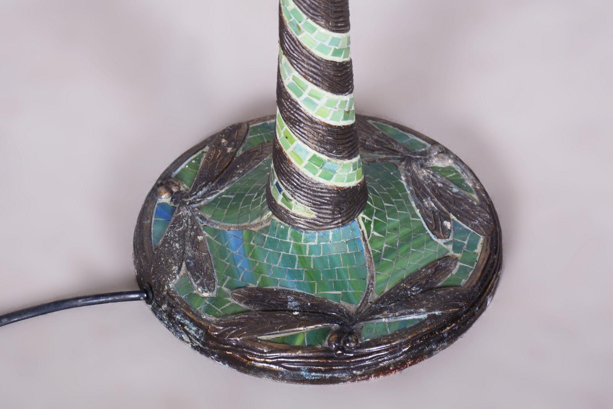 Late 20th Century Original Art Deco Table Lamp, Enameled Bronze, Glass Shade, France, 1970s For Sale