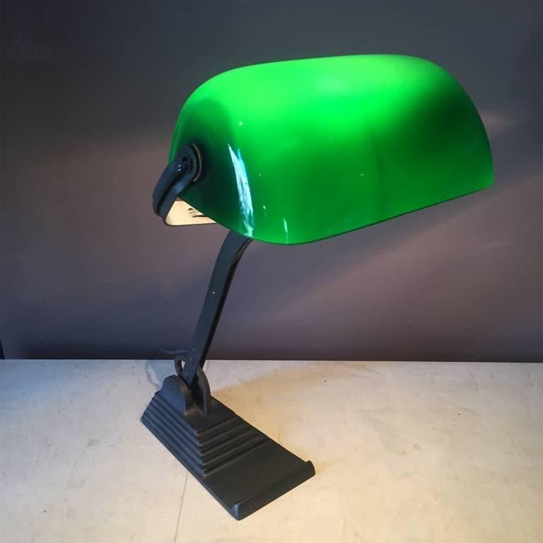 Original Art Deco table lamp, France, 1930, green glass and iron base.