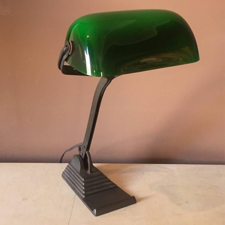 French Original Art Deco Table Lamp France 1930 Green Glass and Iron Base For Sale