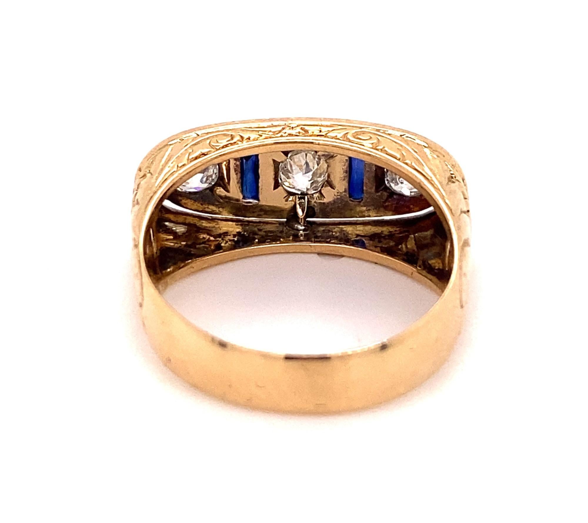 Old European Cut Original Art Deco Three Diamond Sapphires Plat 18K Gold Men's Ring