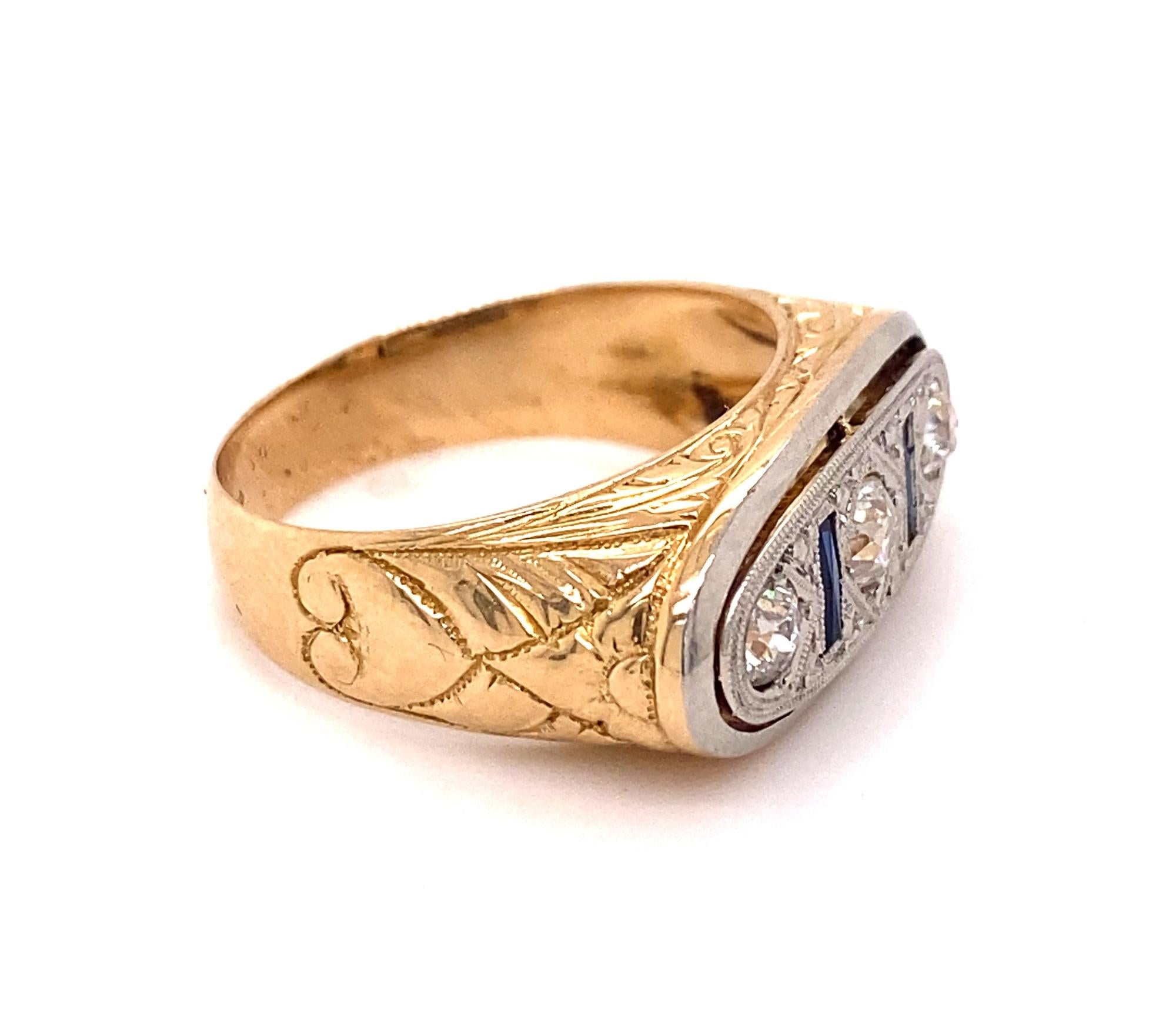 Women's or Men's Original Art Deco Three Diamond Sapphires Plat 18K Gold Men's Ring