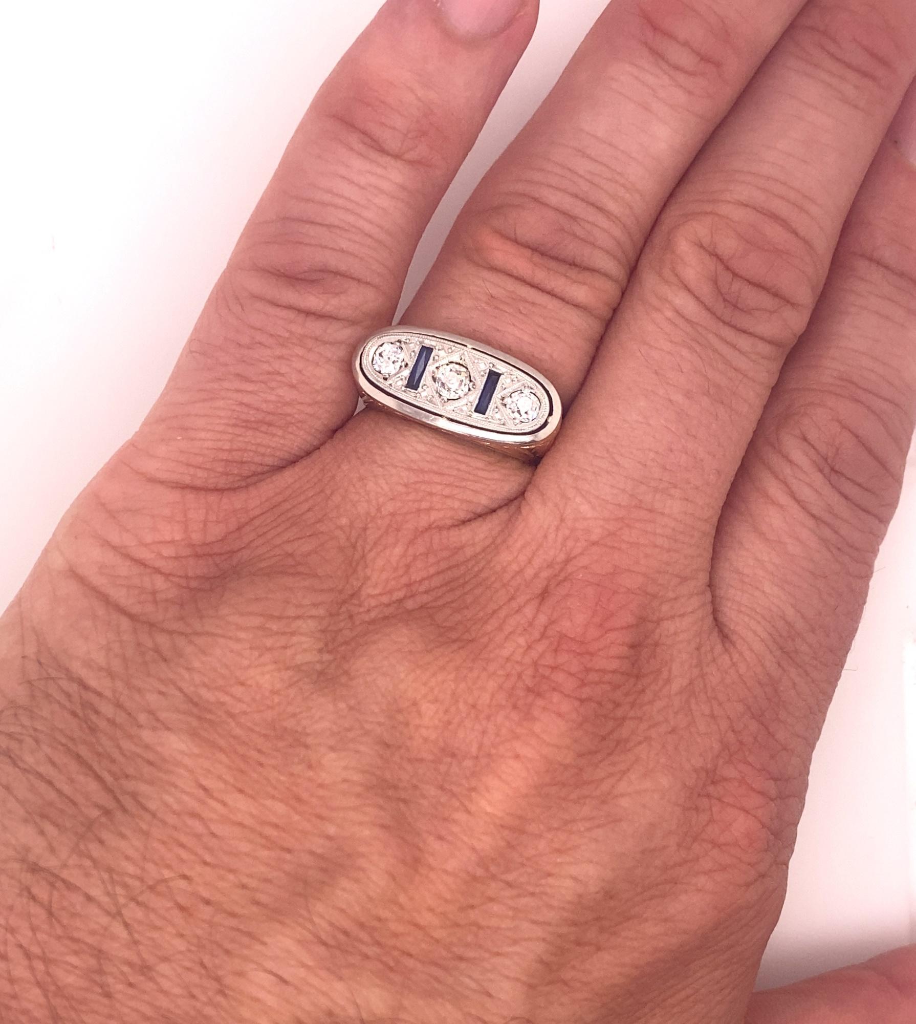 Original Art Deco Three Diamond Sapphires Plat 18K Gold Men's Ring 1