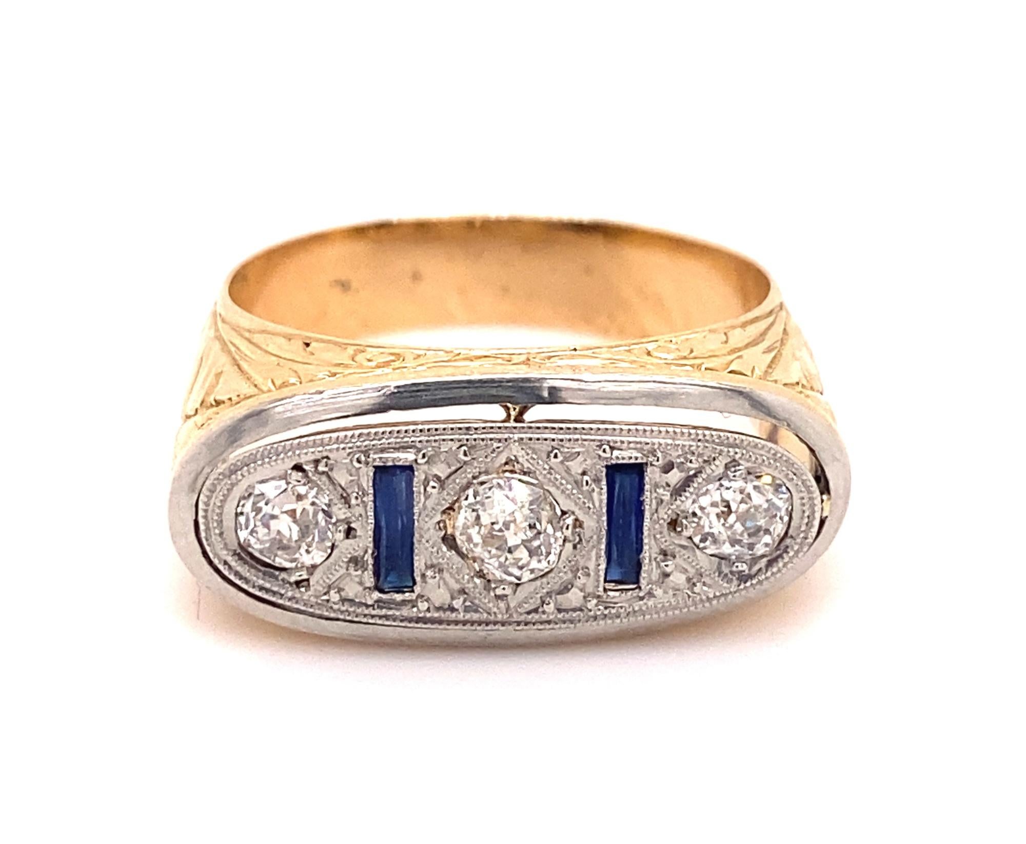 Original Art Deco Three Diamond Sapphires Plat 18K Gold Men's Ring 2