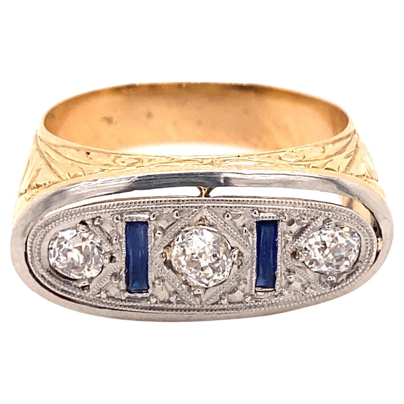 Original Art Deco Three Diamond Sapphires Plat 18K Gold Men's Ring