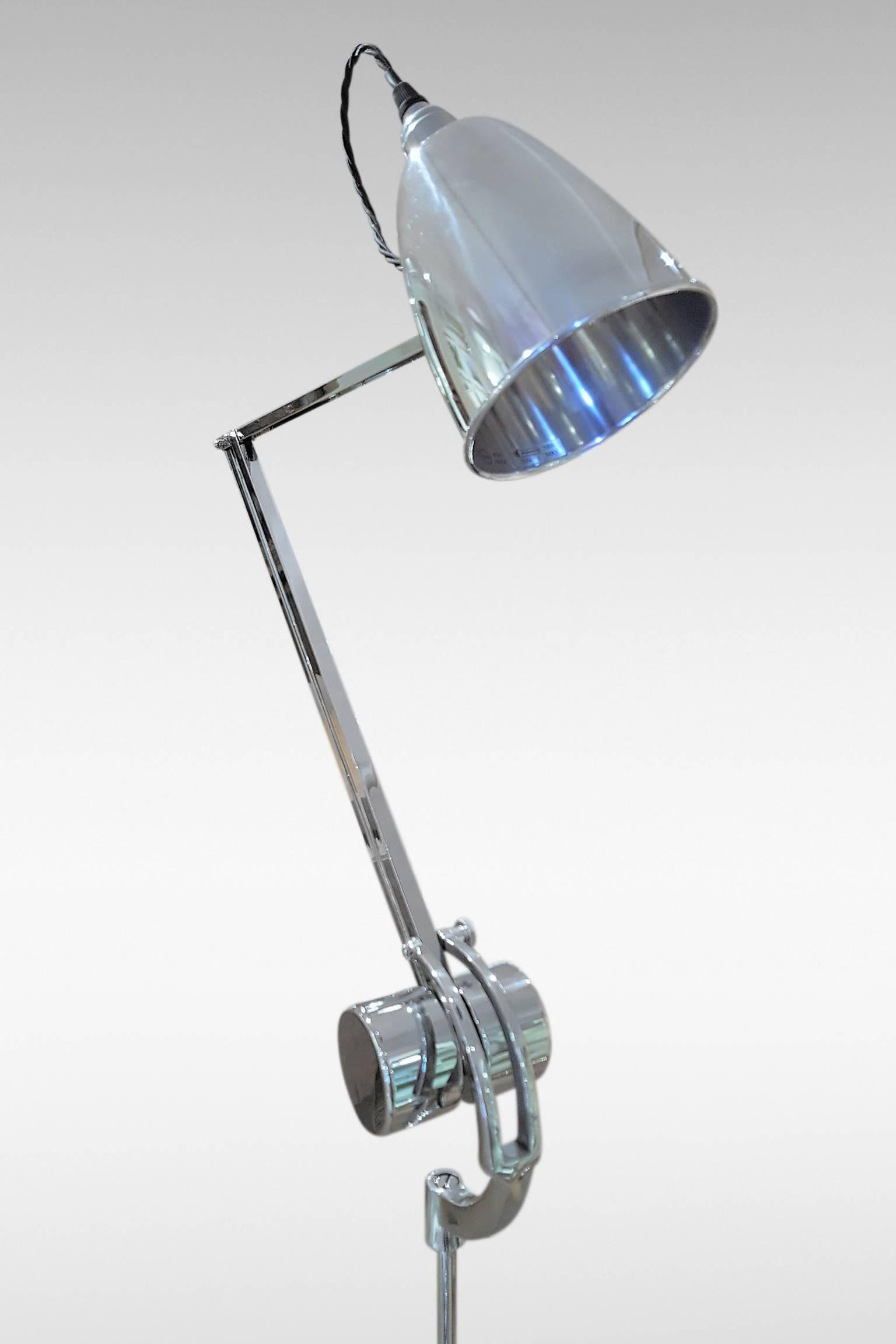 An original superbly modernist Art Deco trolley counterpoise lamp manufactured by Hadrill & Horstmann Ltd of Godlaming, Surrey UK, with the maker's impressed mark. These lamps are amazingly versatile and fully adjustable for height, angle and