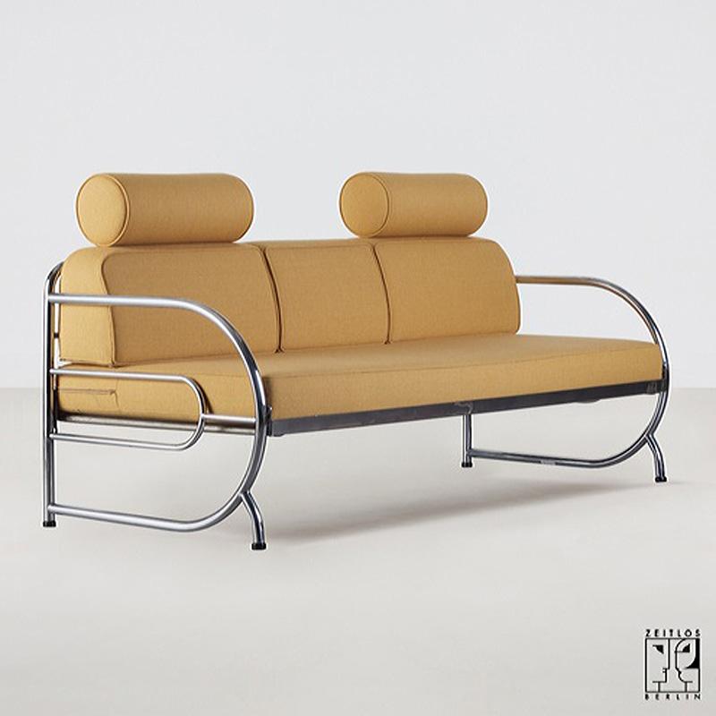 Czech Original Art Deco tubular steel streamline sofa cushion Design by ZEITLOS-BERLIN For Sale