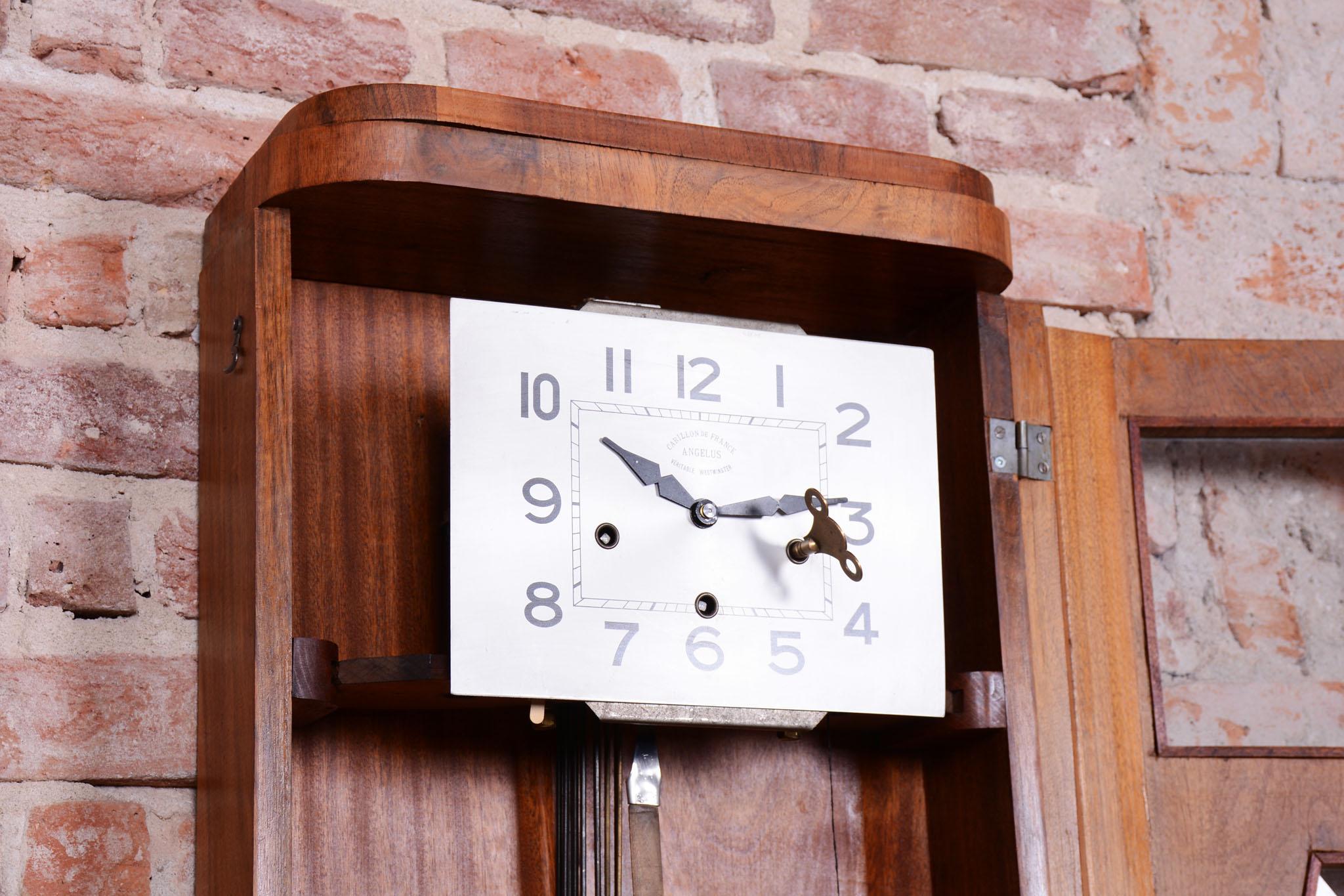 Original Art Deco Wall Clock, by ANGELUS, Walnut, Revived Polish, France, 1930s im Angebot 6