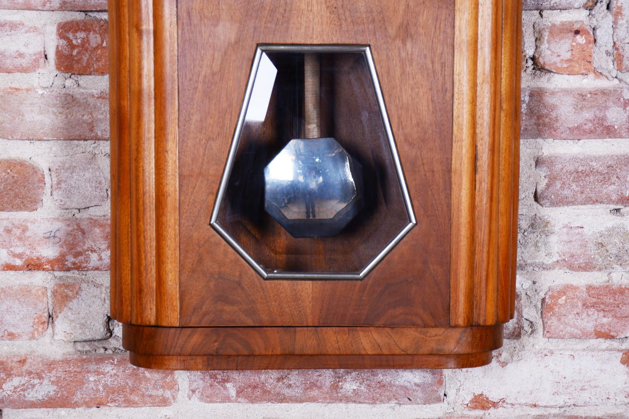 Original Art Deco Wall Clock, by ANGELUS, Walnut, Revived Polish, France, 1930s (Holz) im Angebot