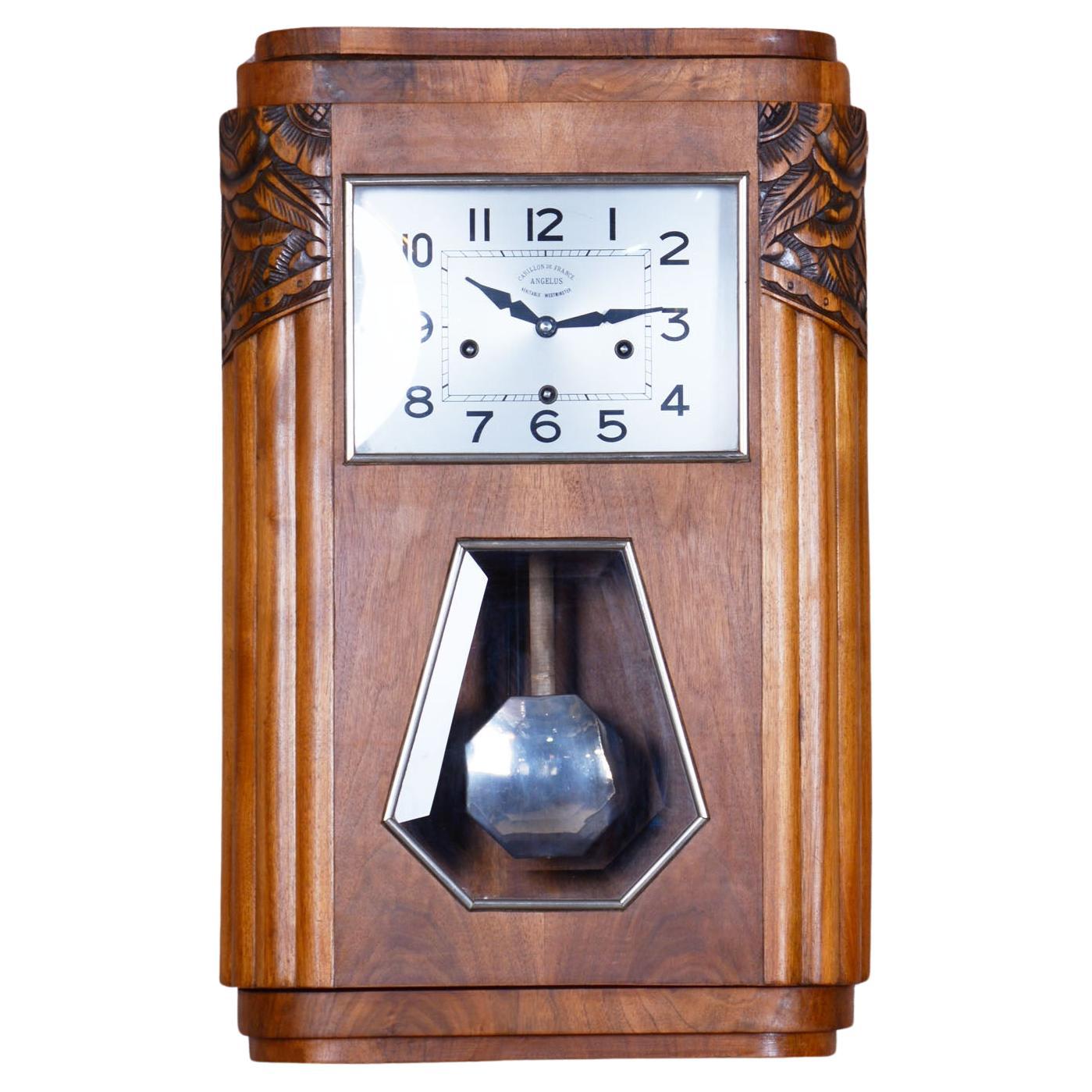 Original Art Deco Wall Clock, by ANGELUS, Walnut, Revived Polish, France, 1930s