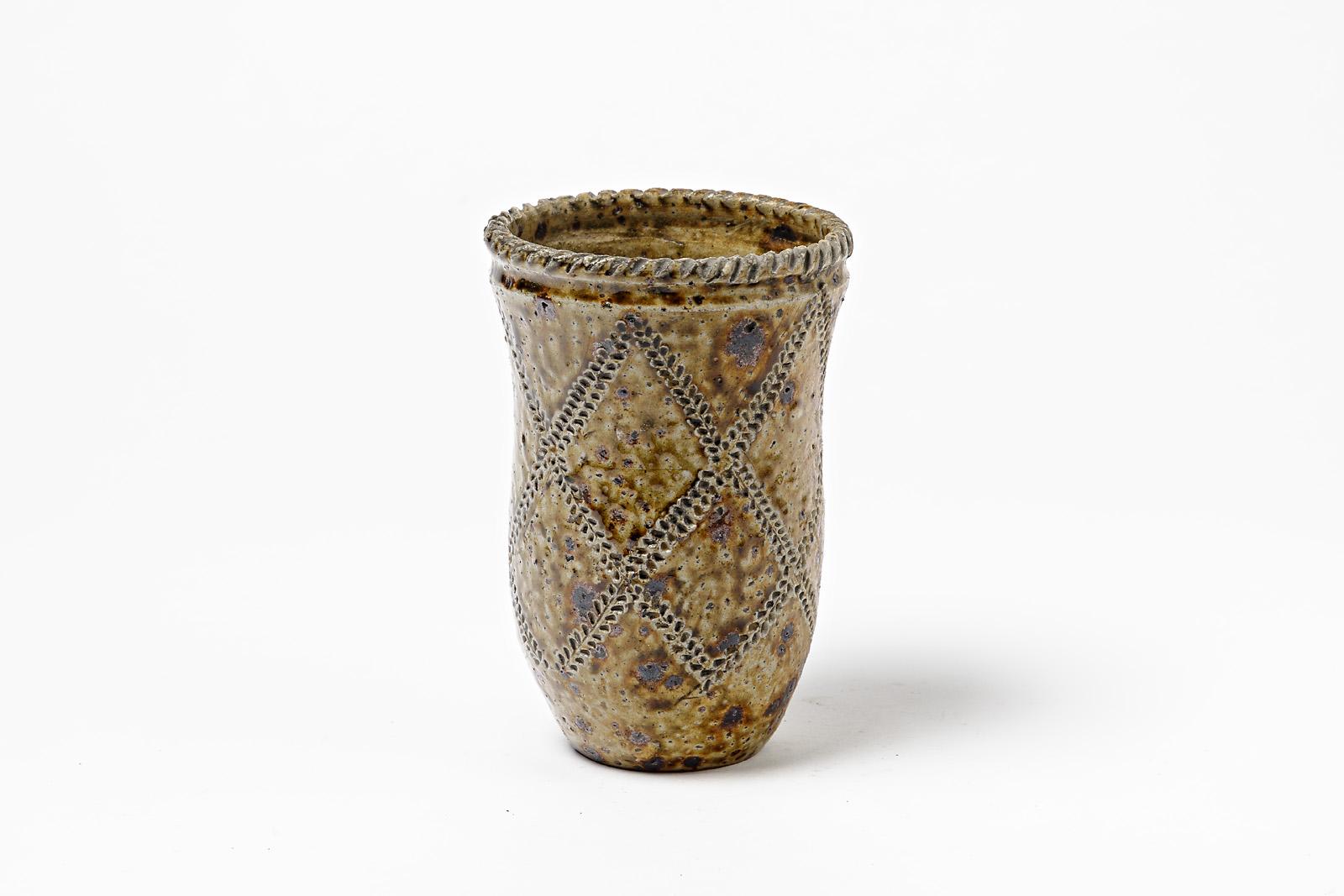 French Original Art Decorative Brown Ceramic Vase by Jean & Jacqueline Lerat La Borne