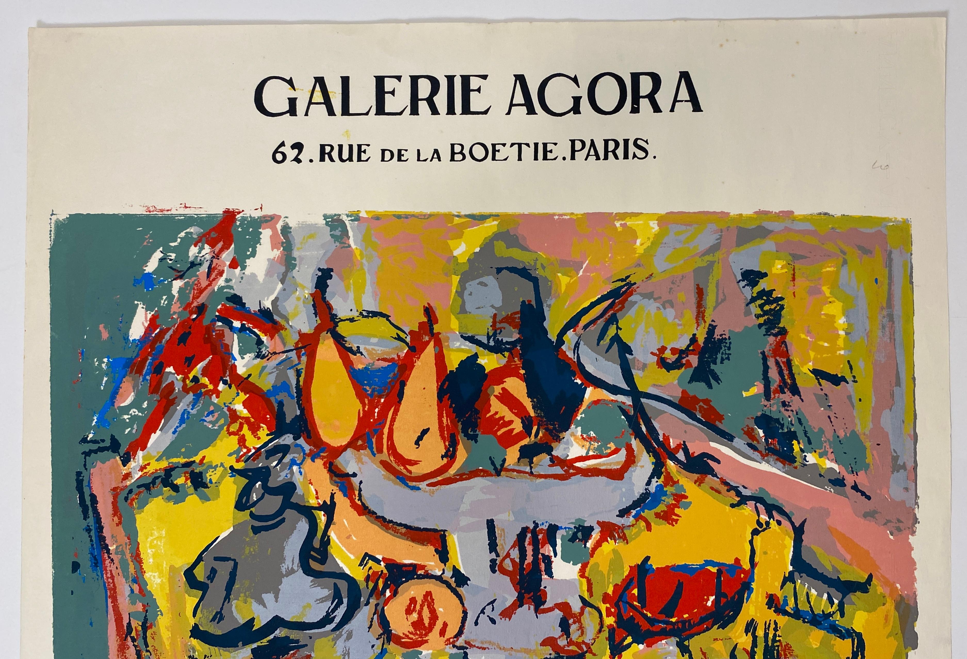 Original abstract art exhibition poster for Galerie Agora, Paris, France, circa 1960. This vibrant poster, promoting an exhibition of A. Leve's work, is a captivating piece of mid-century graphic design. Bursting with color and abstract forms, it