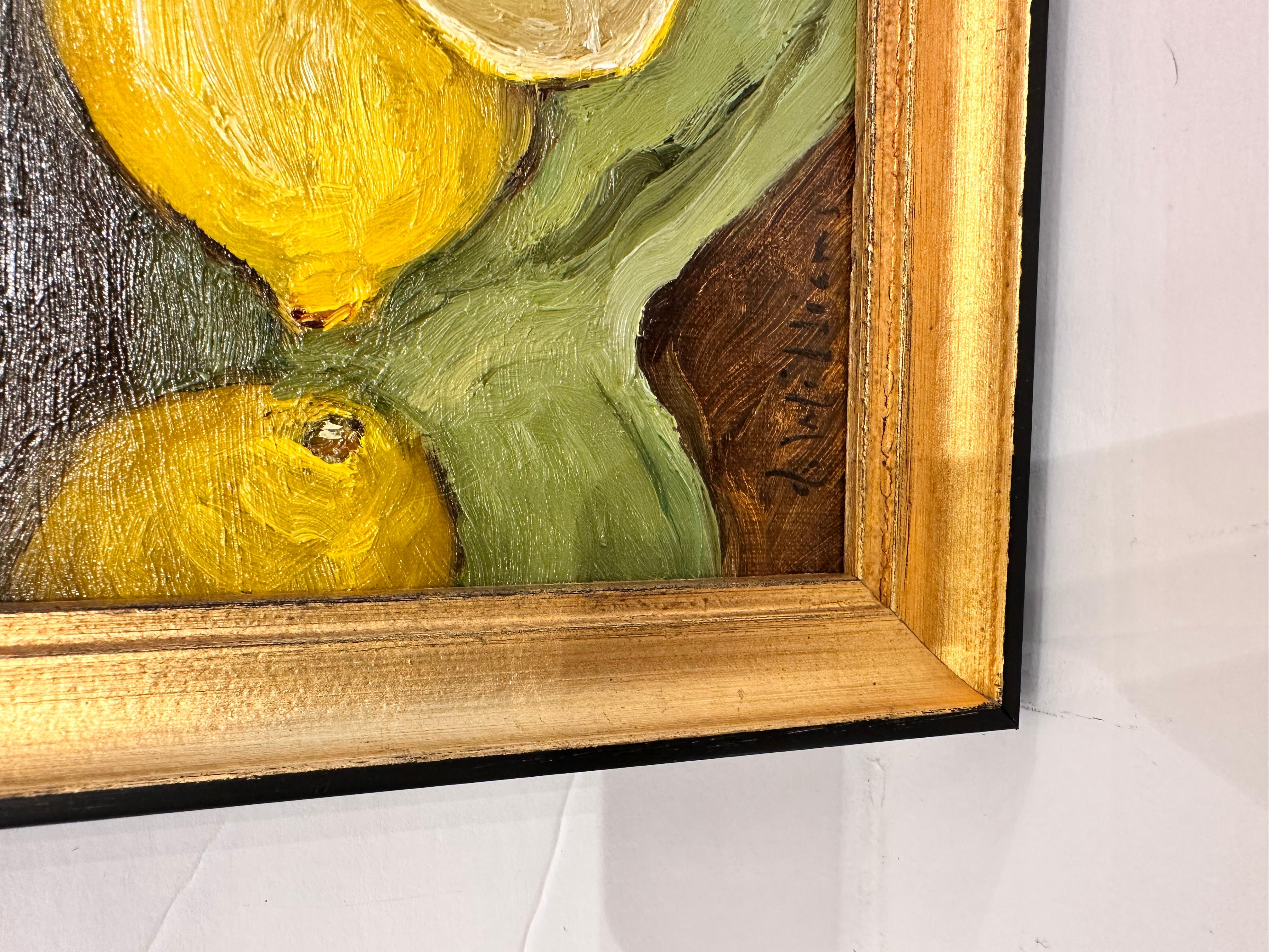 This is a beautiful original oil painting! The colors in this piece are so fresh and vibrant! The bright yellow of the lemons paired with the green of the cloth, with just a touch of the wood of the table showing is beautifully contrasting! 