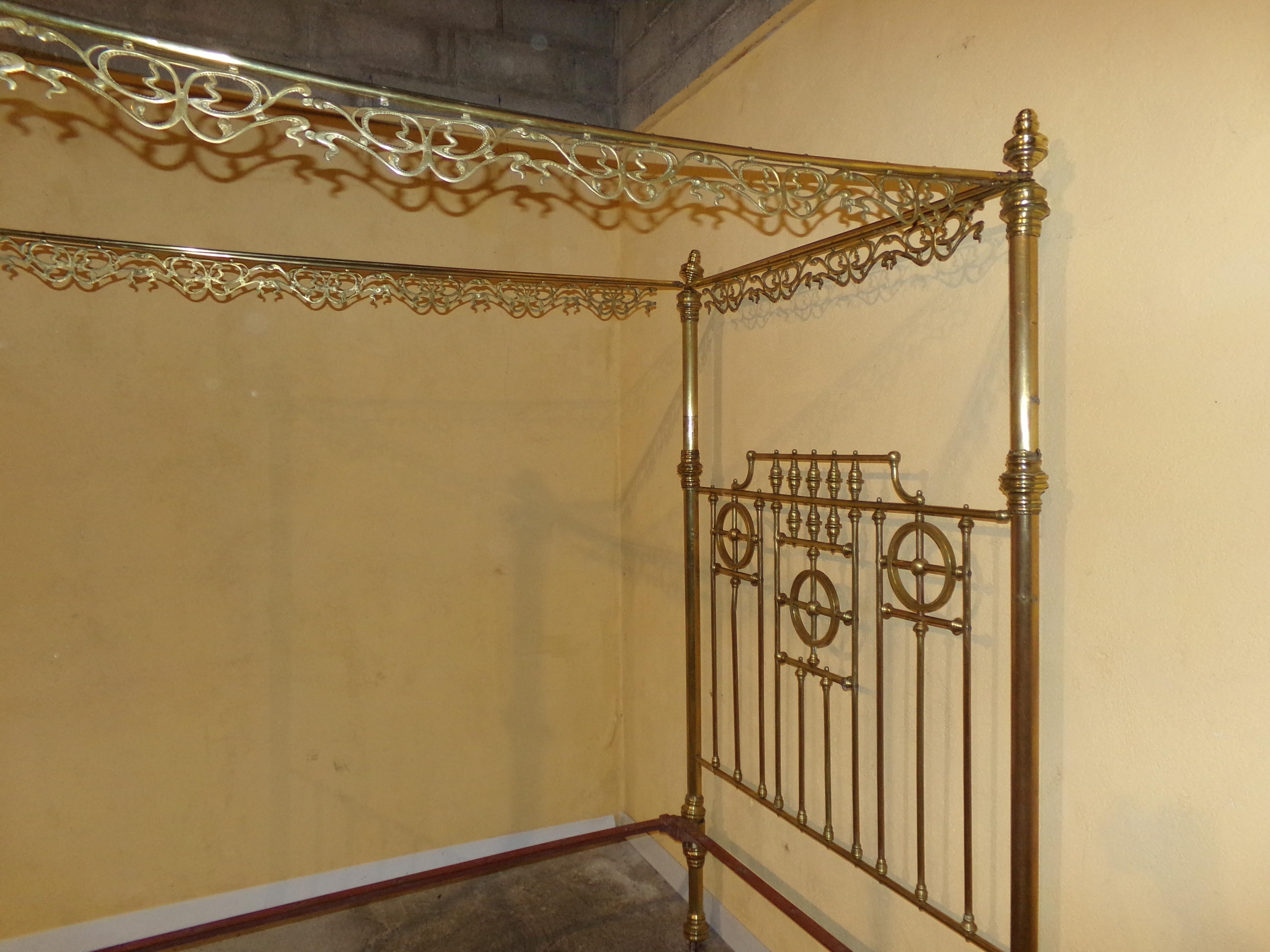 French Original Art Nouveau Queen size 1890s Brass Four Poster Bed