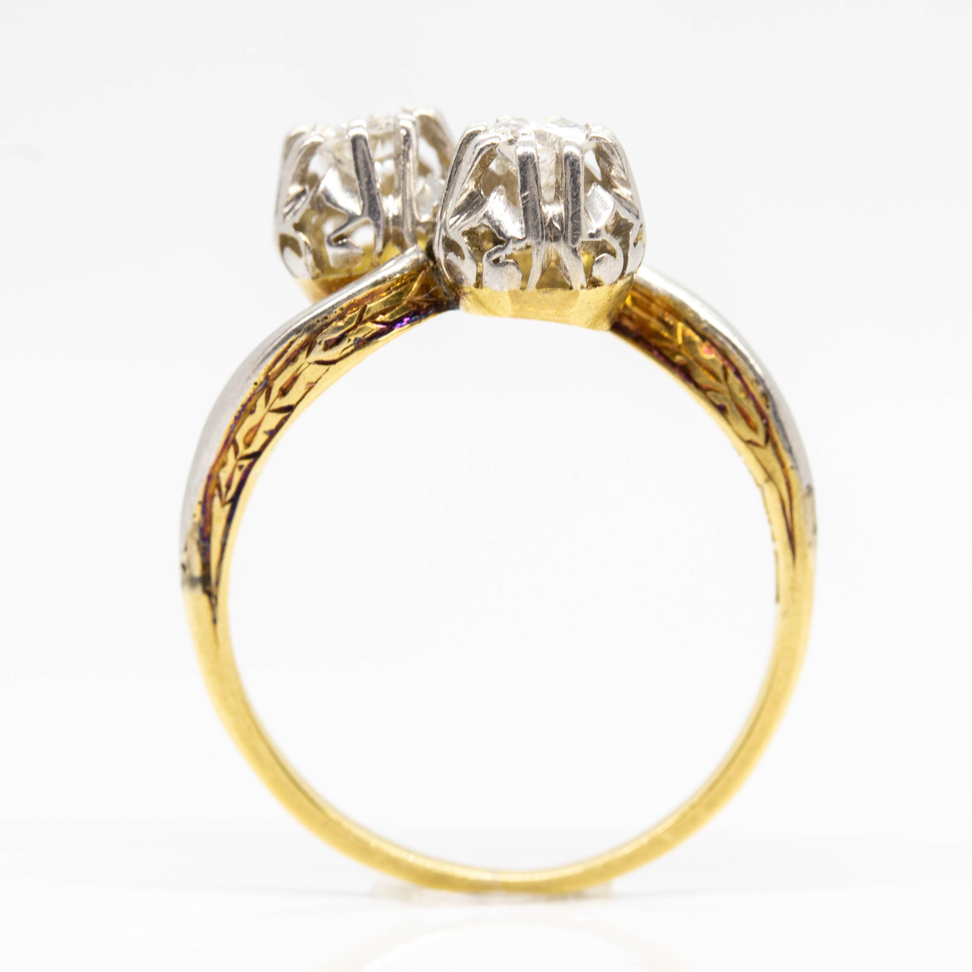 Old European Cut Original Art Nouveau 18 Karat Gold and Platinum by Pass Ring For Sale