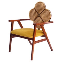original Art Nouveau, bold, One of a Kind, Chair in Walnut, Brass, Cane, velvet
