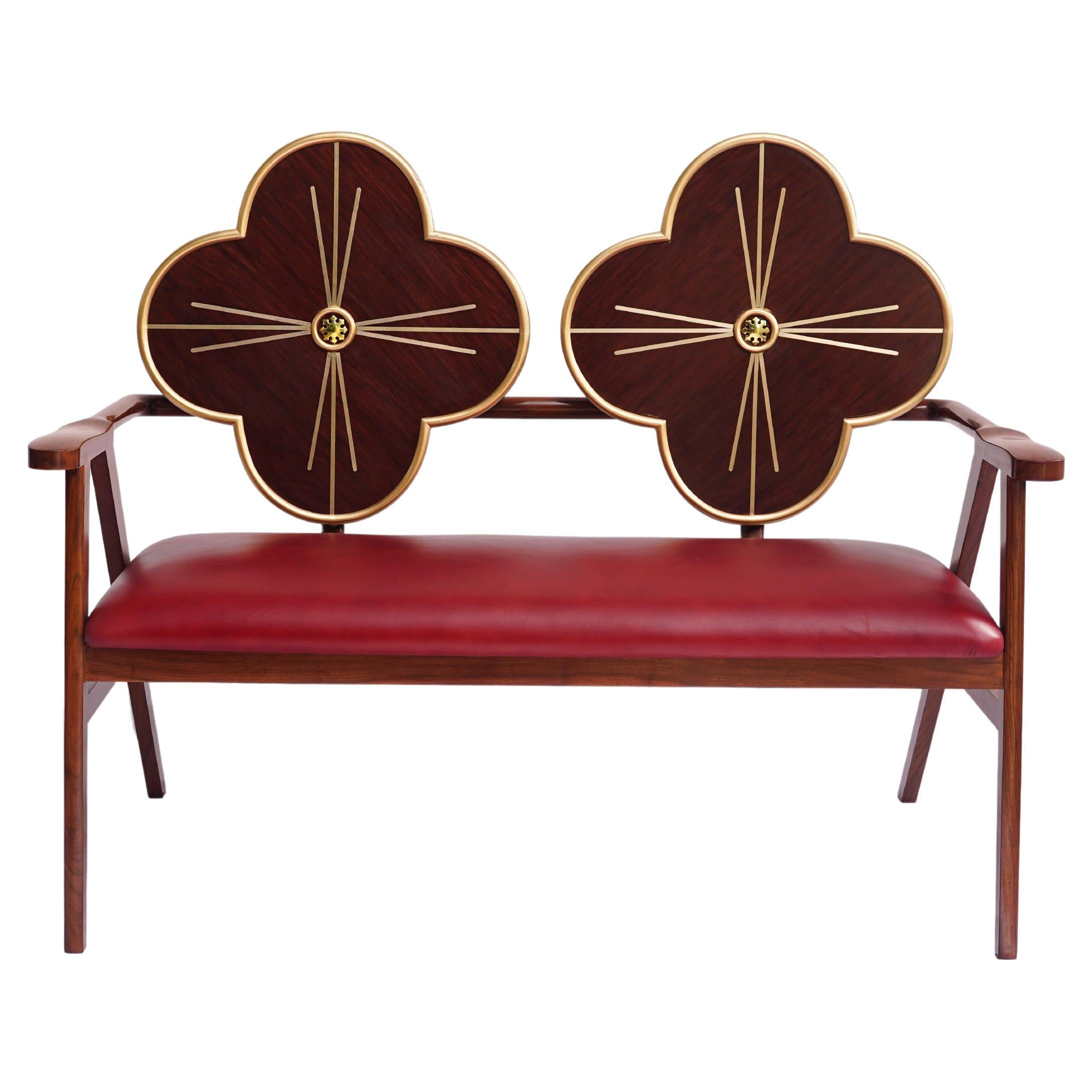 Original Art Nouveau, bold, One of a Kind, Settee Walnut, Brass and red leather