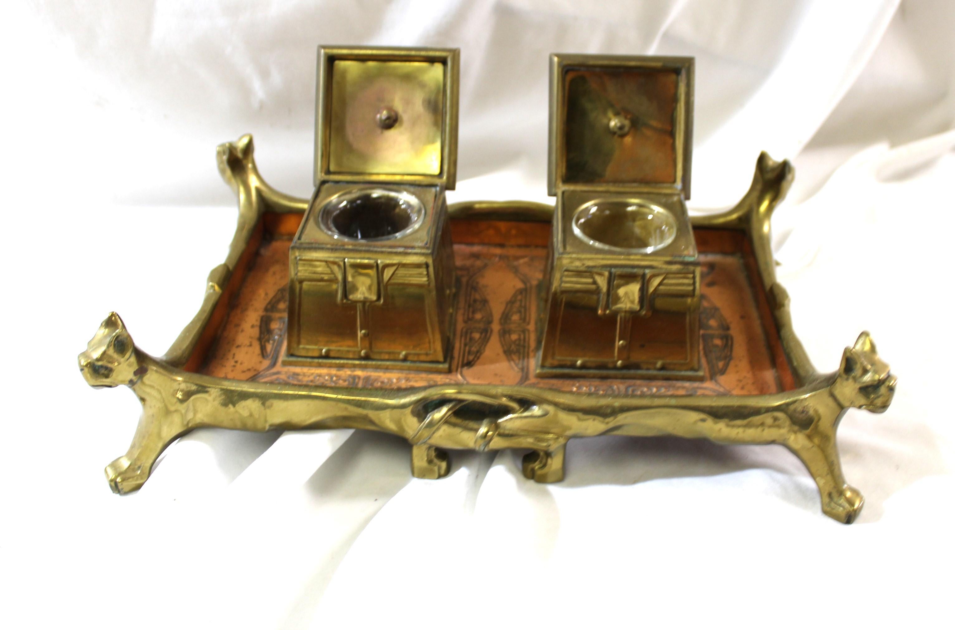 Ottone Set di calamai in ottone e rame originale Art Nouveau del 1900 circa in vendita