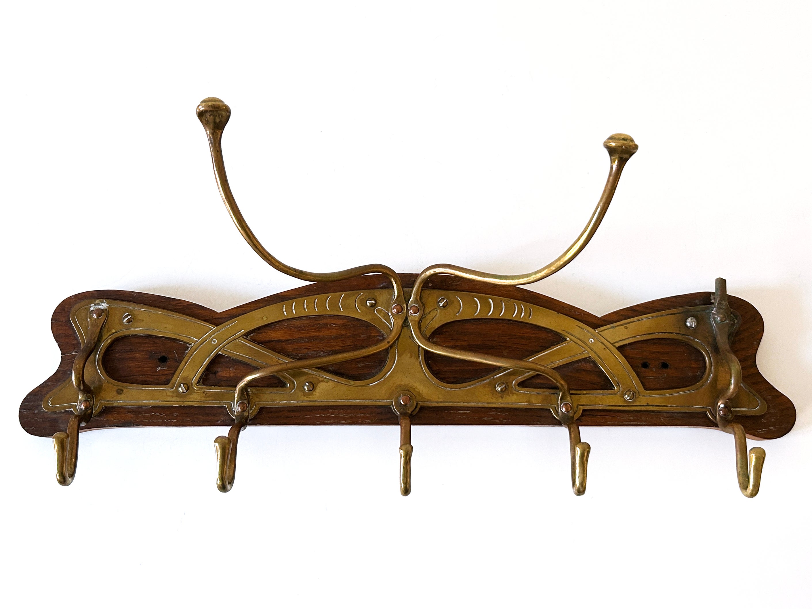 Original Art Nouveau Brass 
Wood Coat Rack or Hanger Germany 1900s For Sale