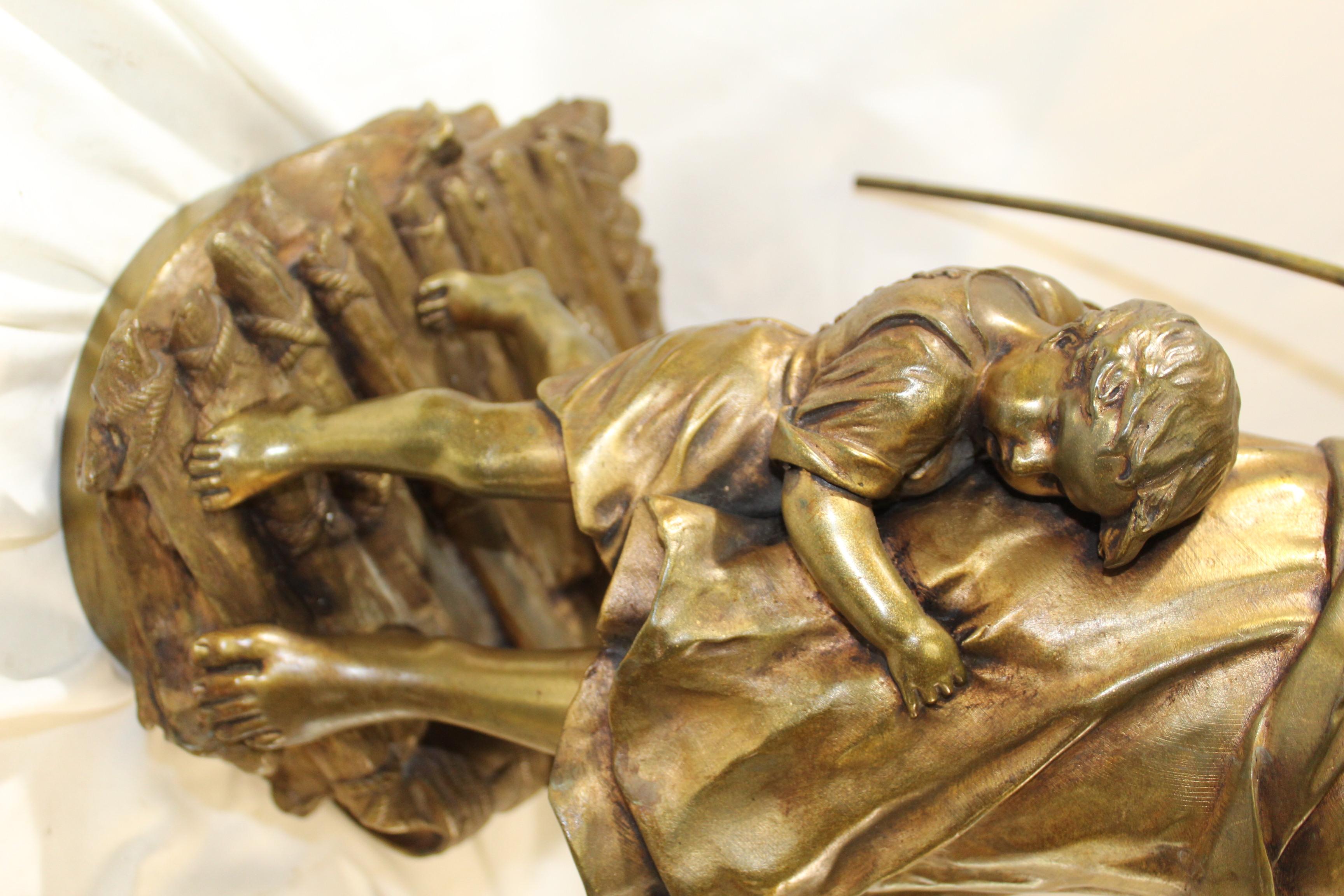 Cast Original Art Nouveau Bronze of a Mother and Child on a Raft   Signed For Sale