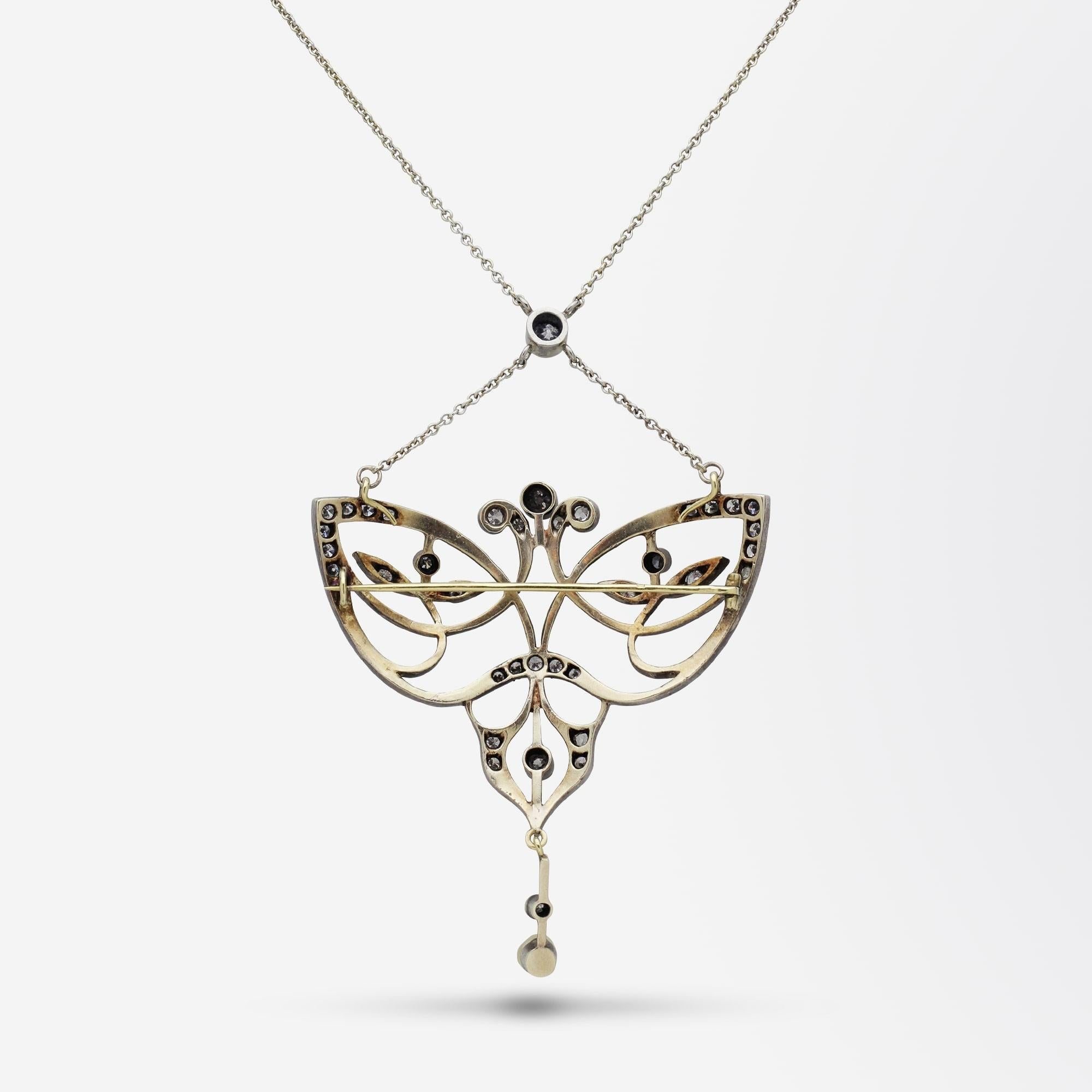 Old European Cut Original Art Nouveau Diamond Brooch Necklace For Sale