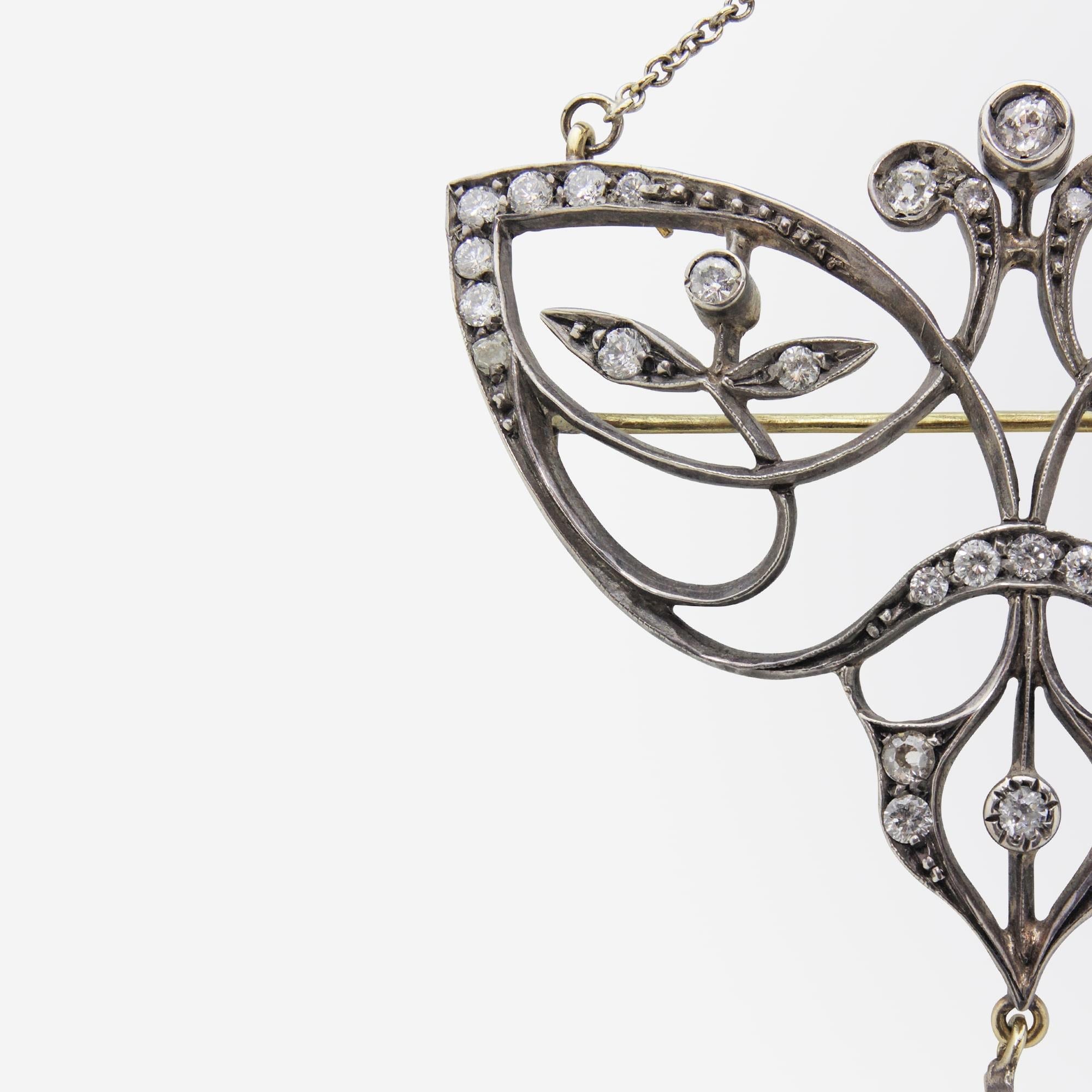 Original Art Nouveau Diamond Brooch Necklace In Good Condition For Sale In Brisbane City, QLD