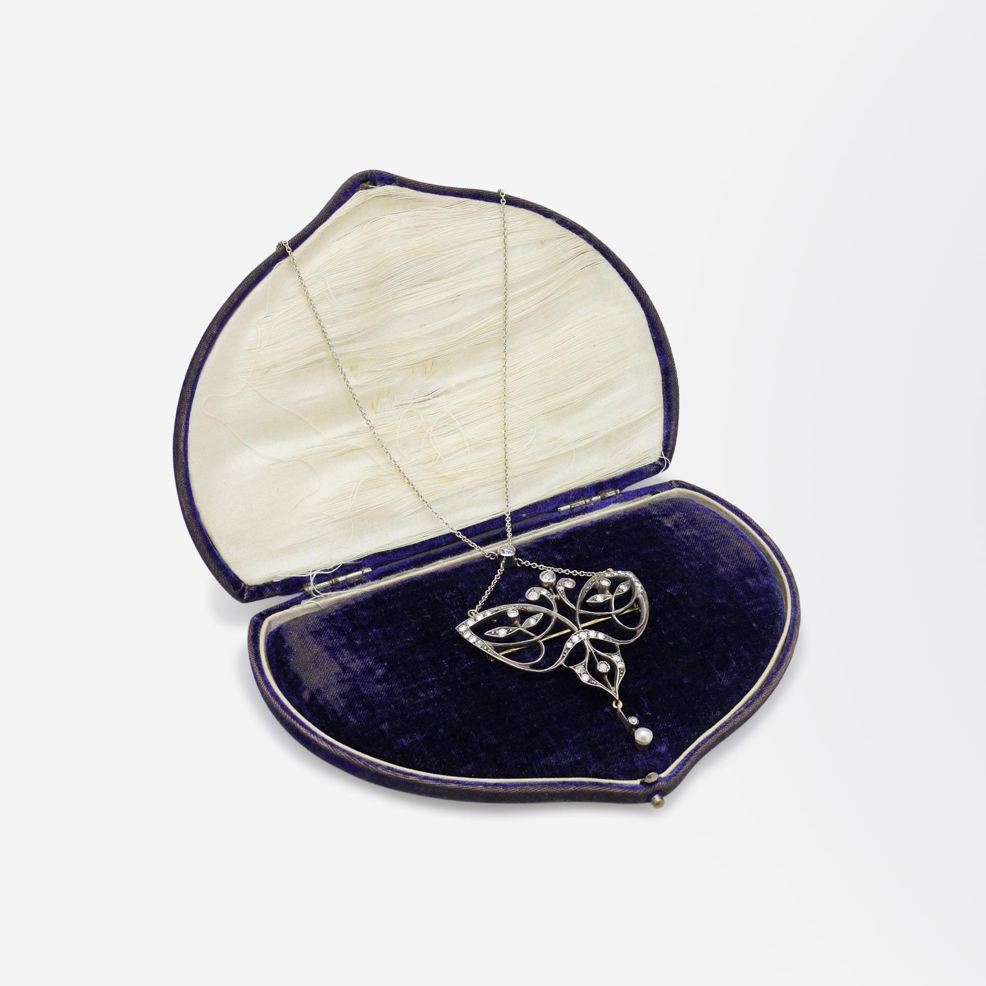 Original Art Nouveau Diamond Brooch Necklace For Sale 1