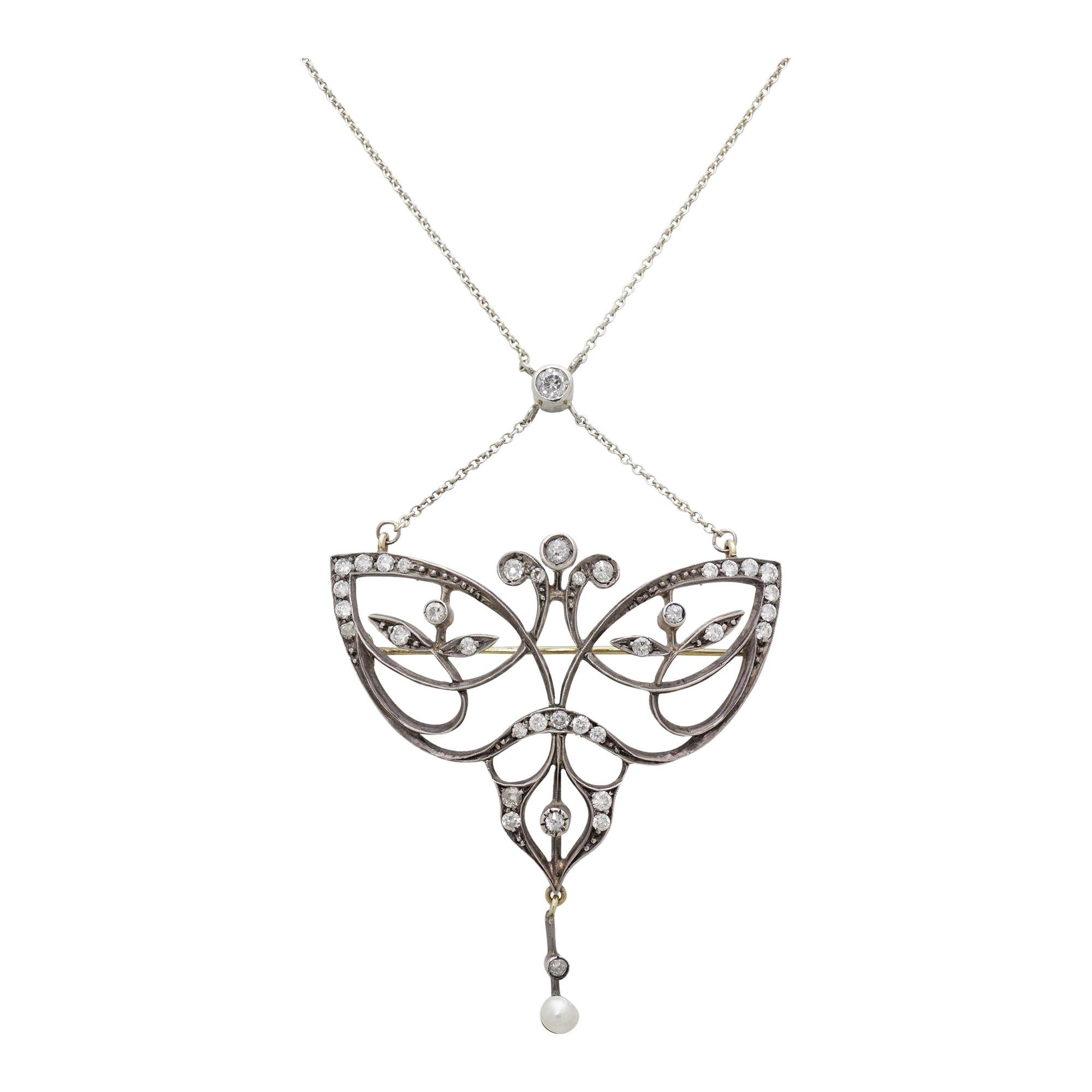 Original Art Nouveau Diamond Brooch Necklace