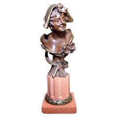 ORIGiNAL ART NOUVEAU GEORGE VAN DER STRAETEN BRONCE LADY BUST BASE DE MÁRMOL