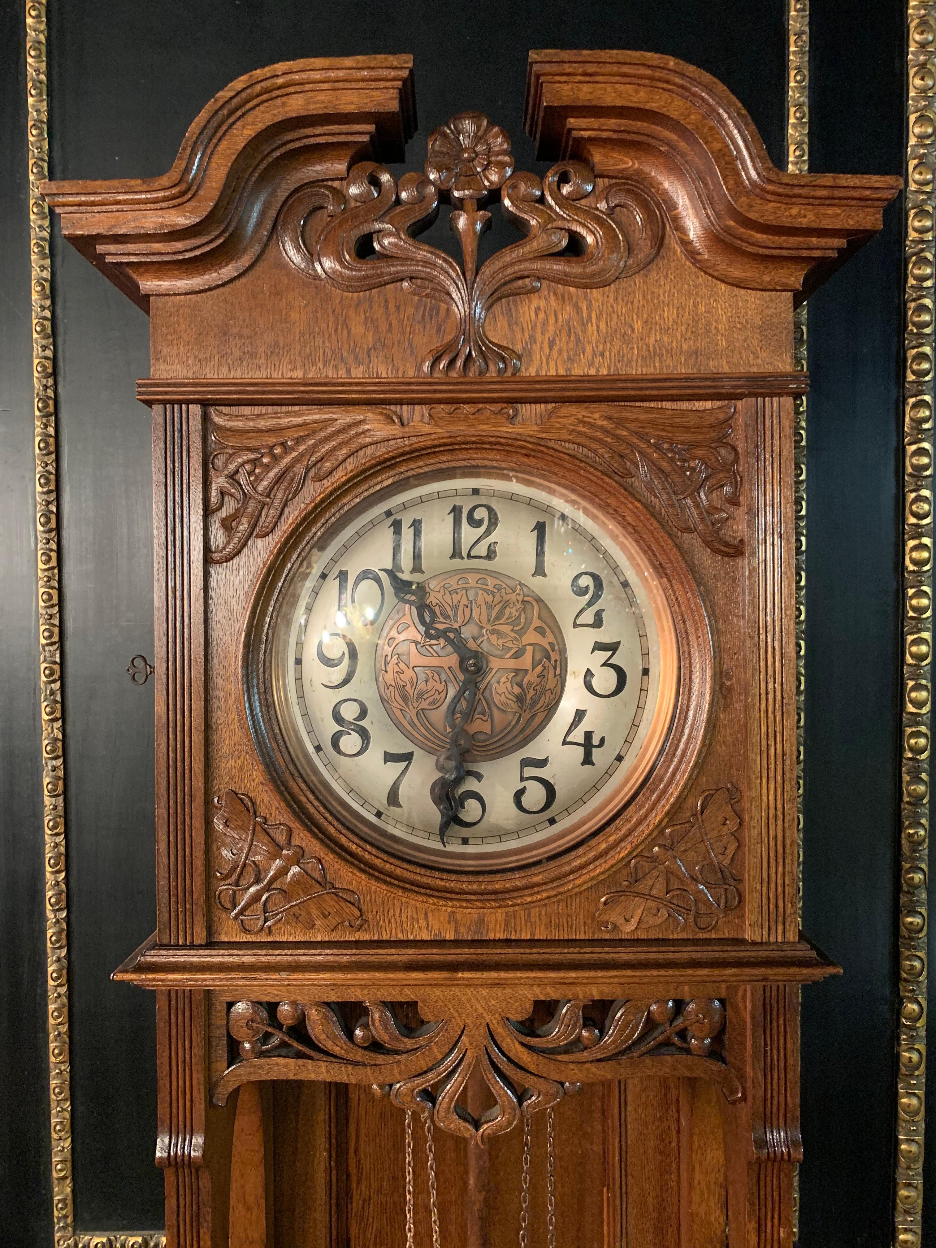 Carved Original Art Nouveau Grandfather Clock Watchmaker by Furtwängler and Sons