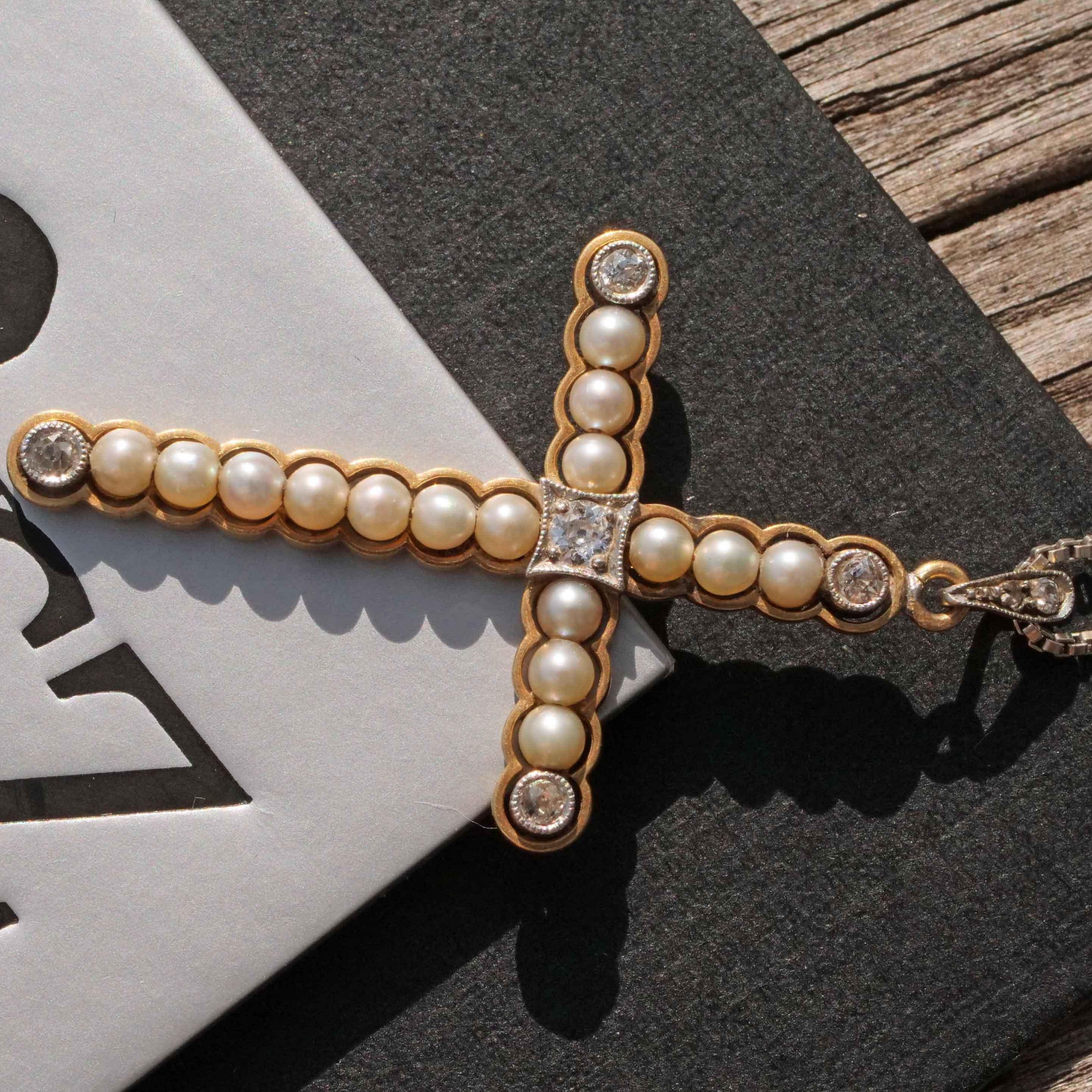 Antique Cushion Cut Original Art Nouveau Jewellery Cross natural Pearl Diamond Pendant with Chain For Sale