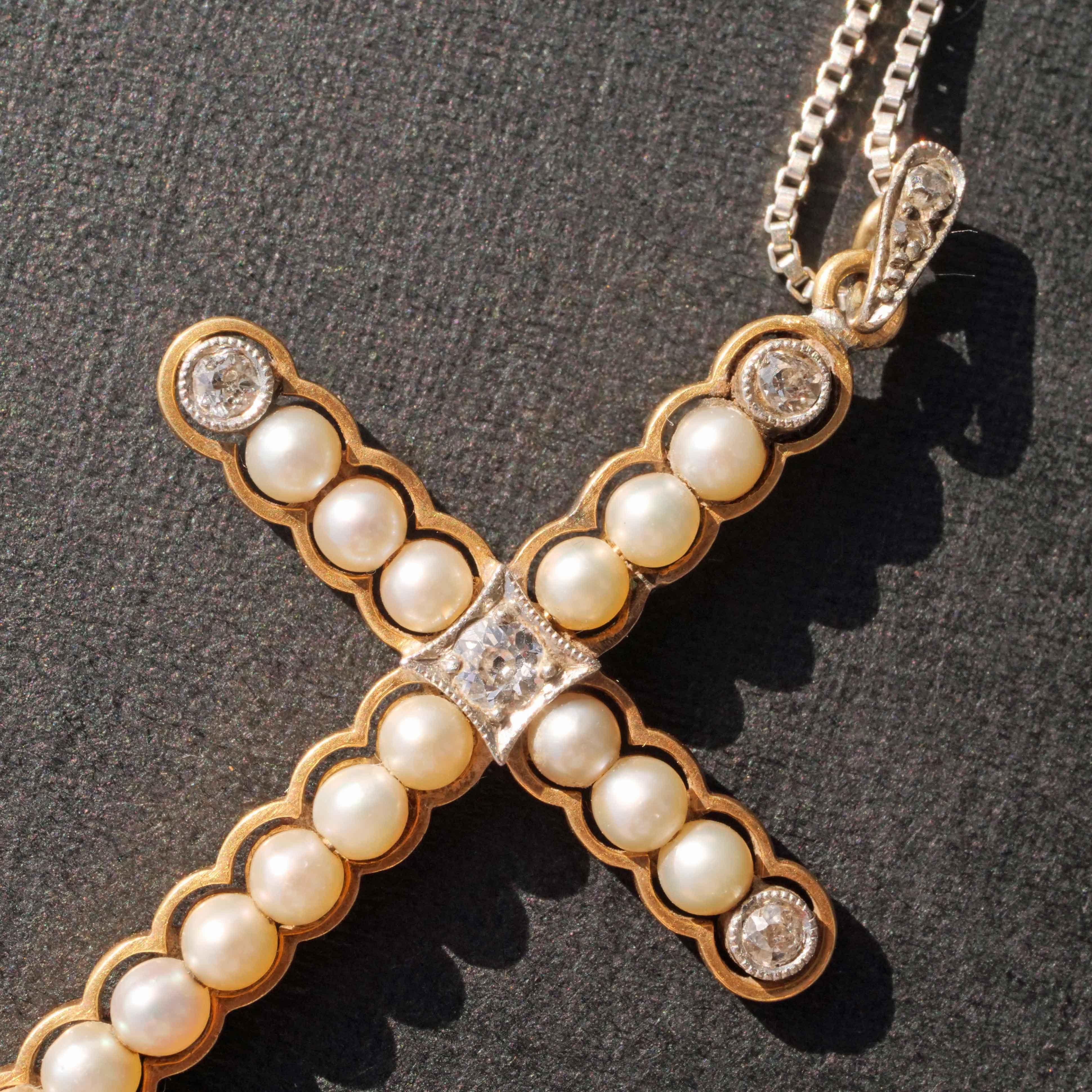 Women's or Men's Original Art Nouveau Jewellery Cross natural Pearl Diamond Pendant with Chain For Sale