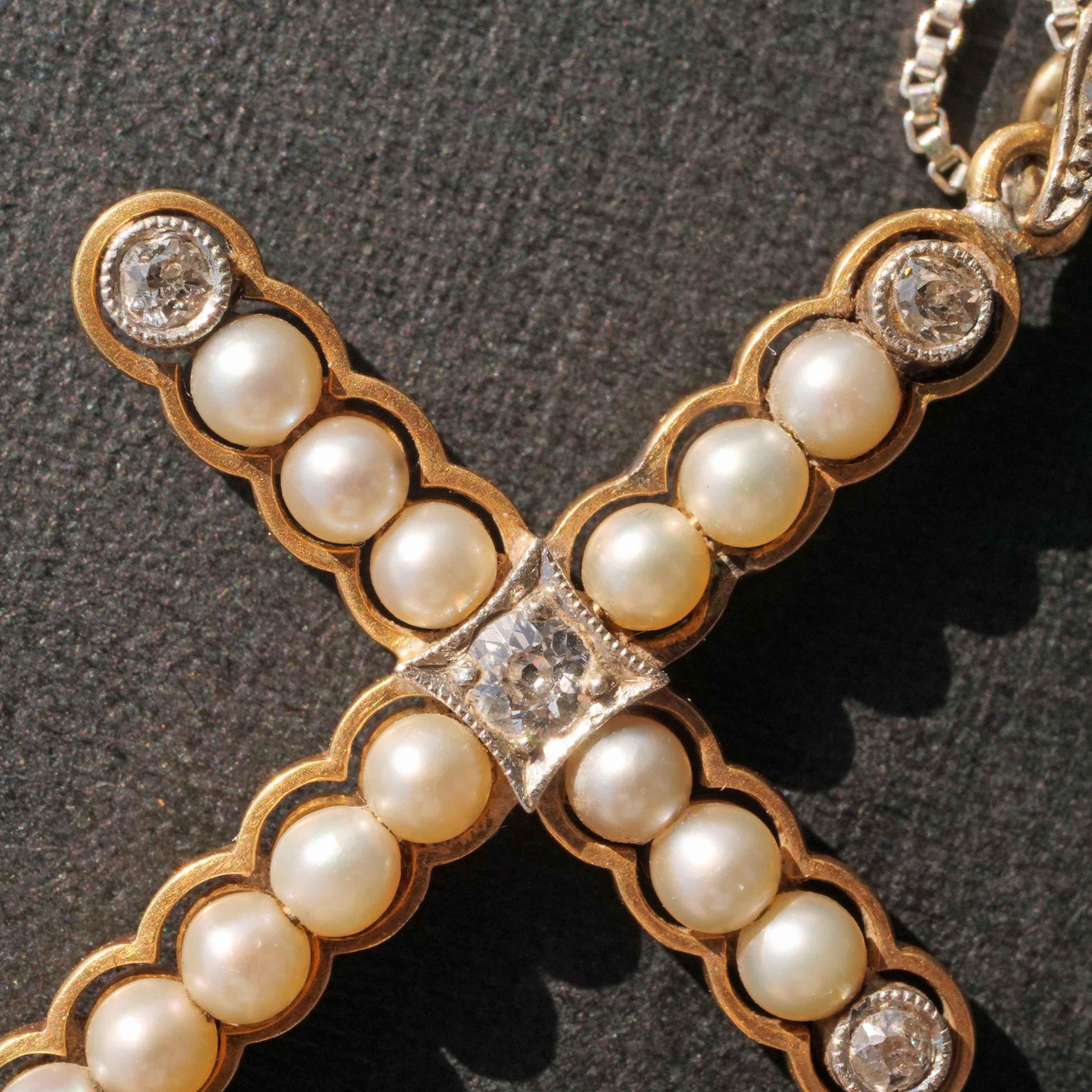 Original Art Nouveau Jewellery Cross natural Pearl Diamond Pendant with Chain For Sale 1