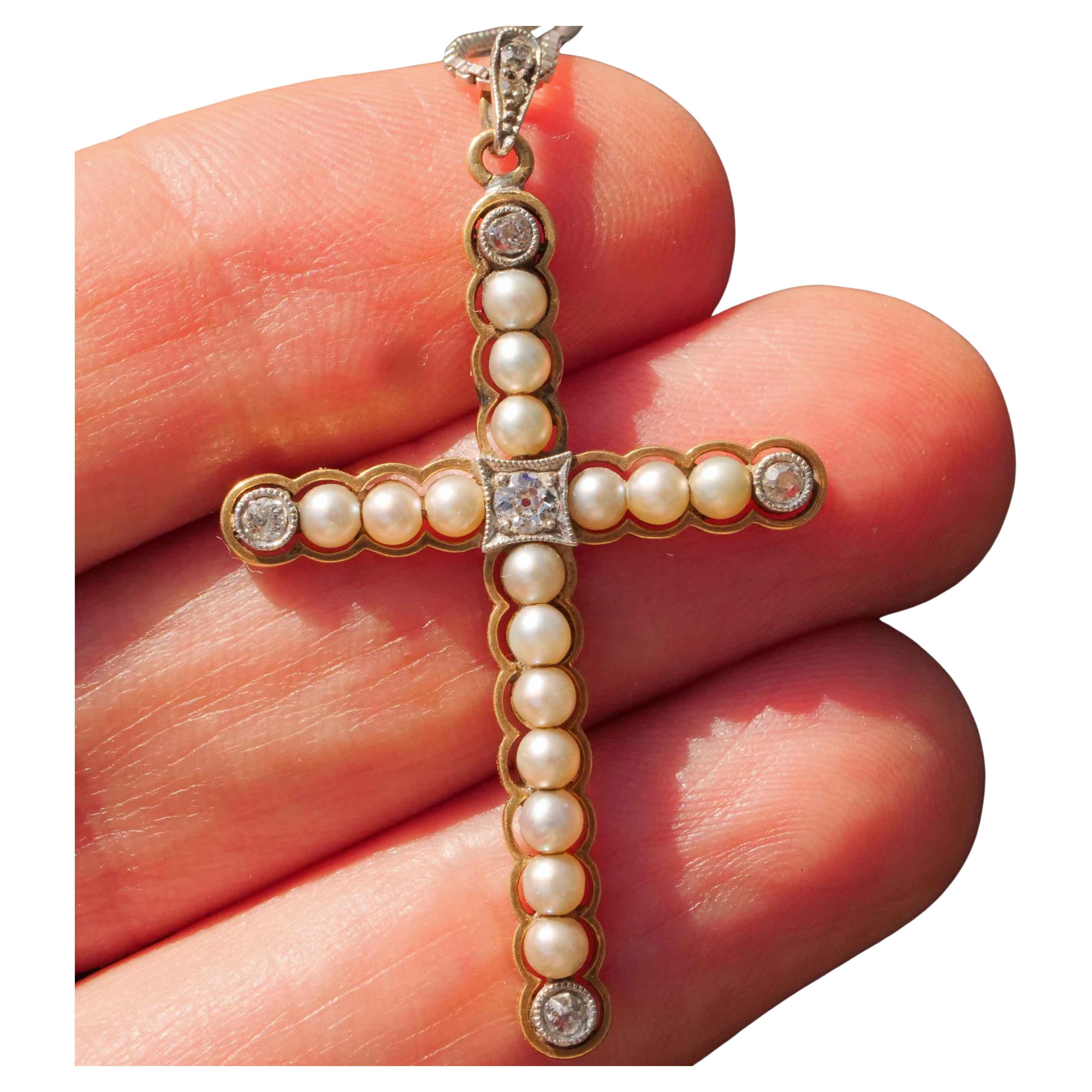 Original Art Nouveau Jewellery Cross natural Pearl Diamond Pendant with Chain For Sale