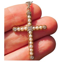 Antique Original Art Nouveau Jewellery Cross natural Pearl Diamond Pendant with Chain