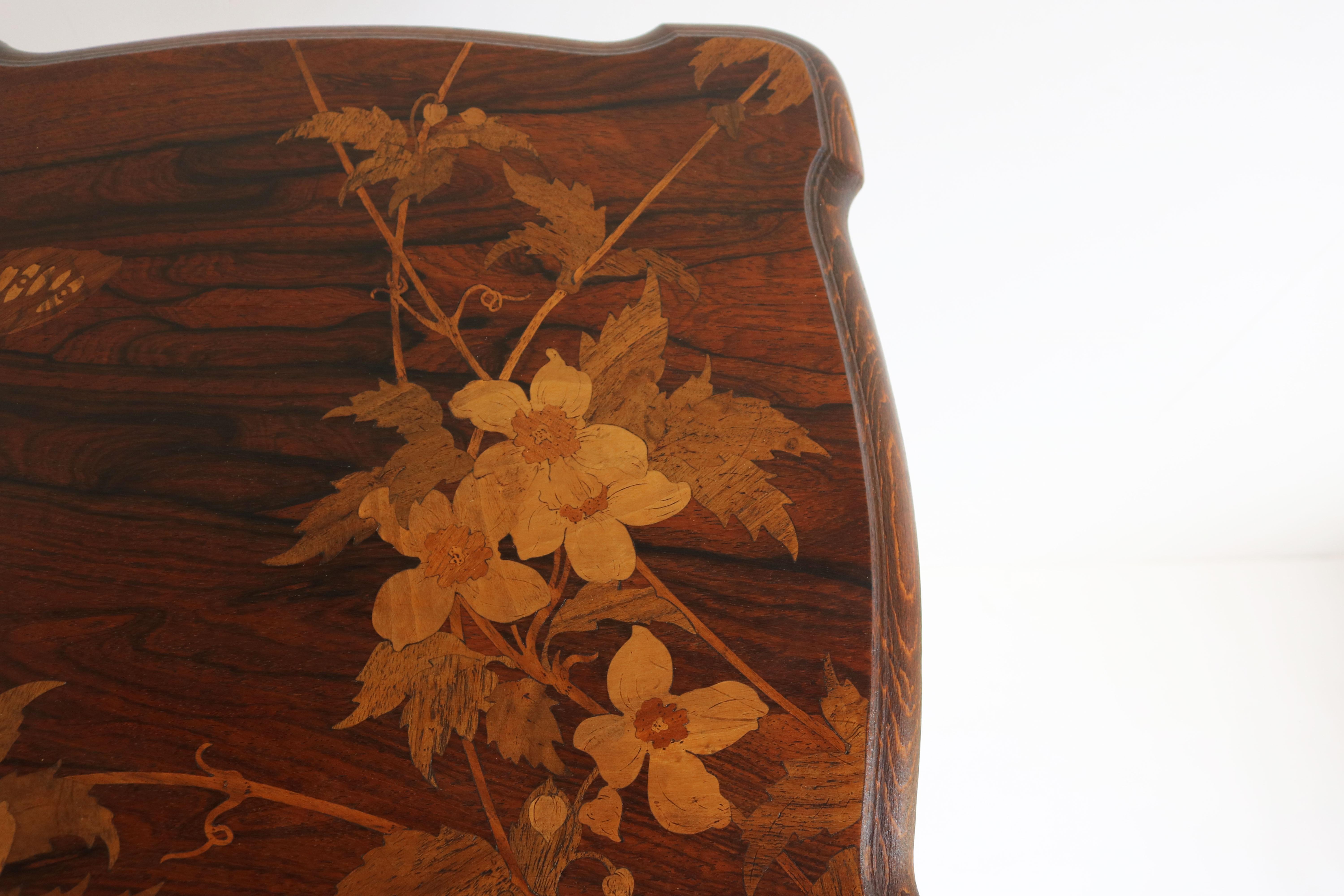 Wood Original Art Nouveau Pedestal by Emile Galle 1890 French Antique Inlaid Table For Sale
