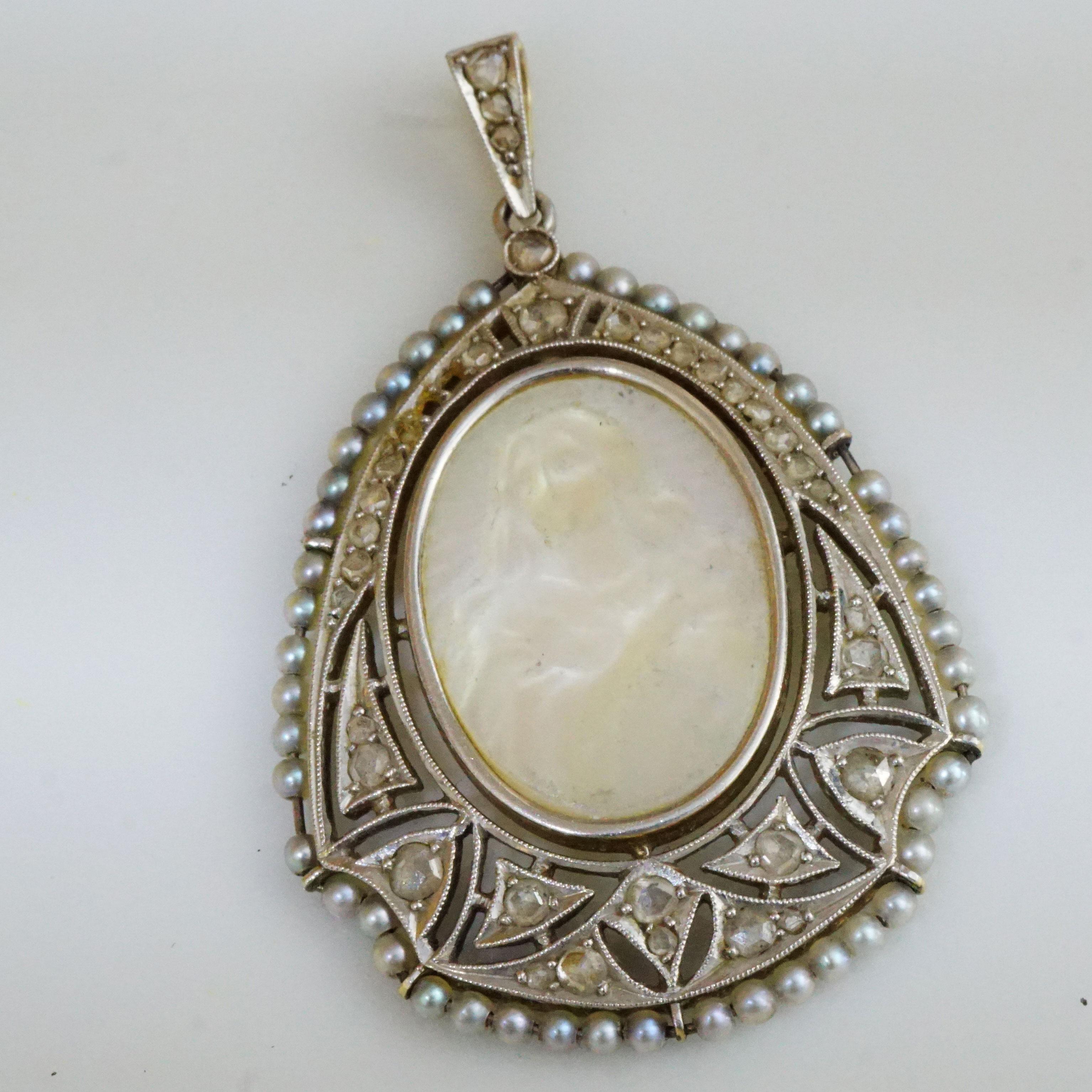 Rose Cut Original Art Nouveau Pendant in Platinum Yellow Gold around 1920 Shadowy Madonna For Sale
