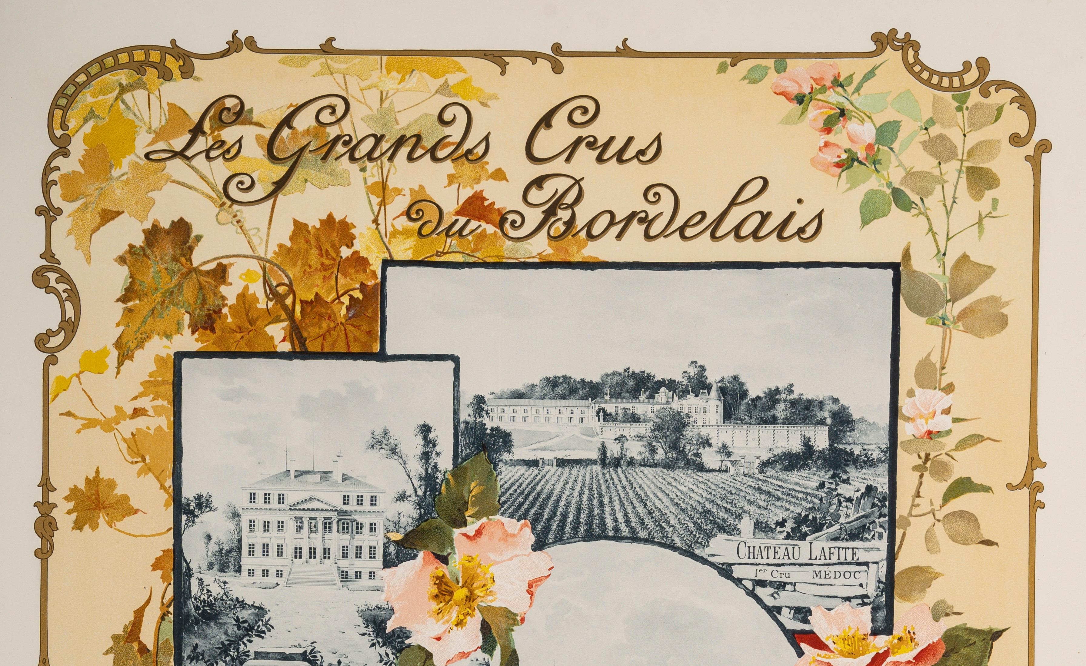 Jugendstilplakat, das 1899 von Géojan geschaffen wurde, um für die großen Weine von Bordeaux zu werben, nämlich Château Margaux (Médoc), Château Lafite (Médoc), Château Yquem (Sauternes), Château Haut Brion (Graves).

Künstler: Geojan
Titel: Les