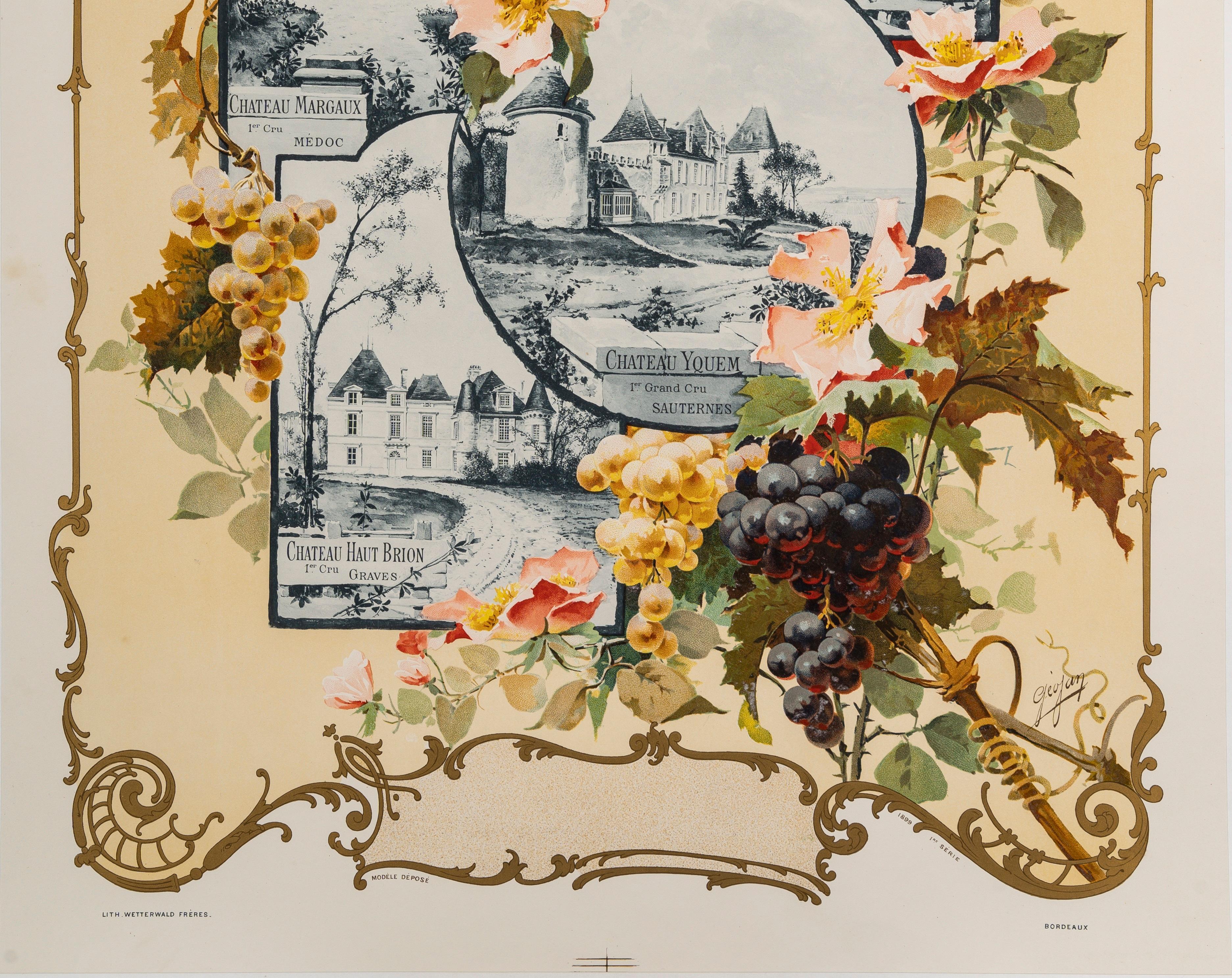 Originale Jugendstilkarte, Grands Crus Bordeaux, Lafite, Yquem, Margaux, 1899 (Art nouveau) im Angebot