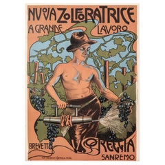 Original Art Nouveau Poster, Nueva Zolforatrice, Wine, Vineyard, Grape, Man 1910