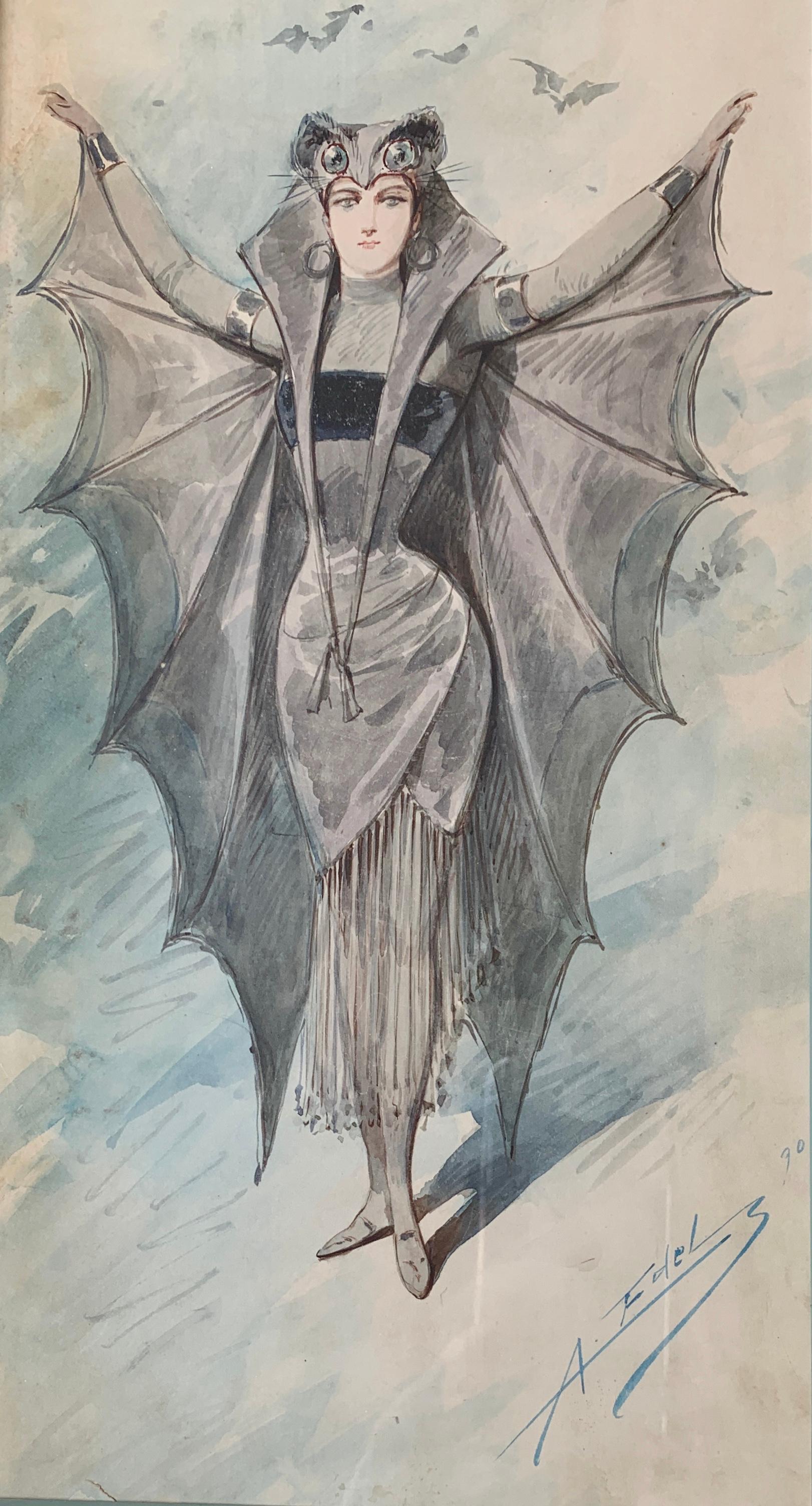 Fabulous antique original watercolor painting on paper from 1890 by famous deceased Italian painter and costume designer, Alfredo Edel Colorno (1856-1912) depicts a woman costumed with large, fantastical bat wings and a bat headdress, with her arms