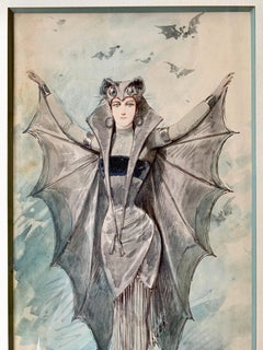Original Art Nouveau Watercolor Painting Of A Bat Woman By Alfredo