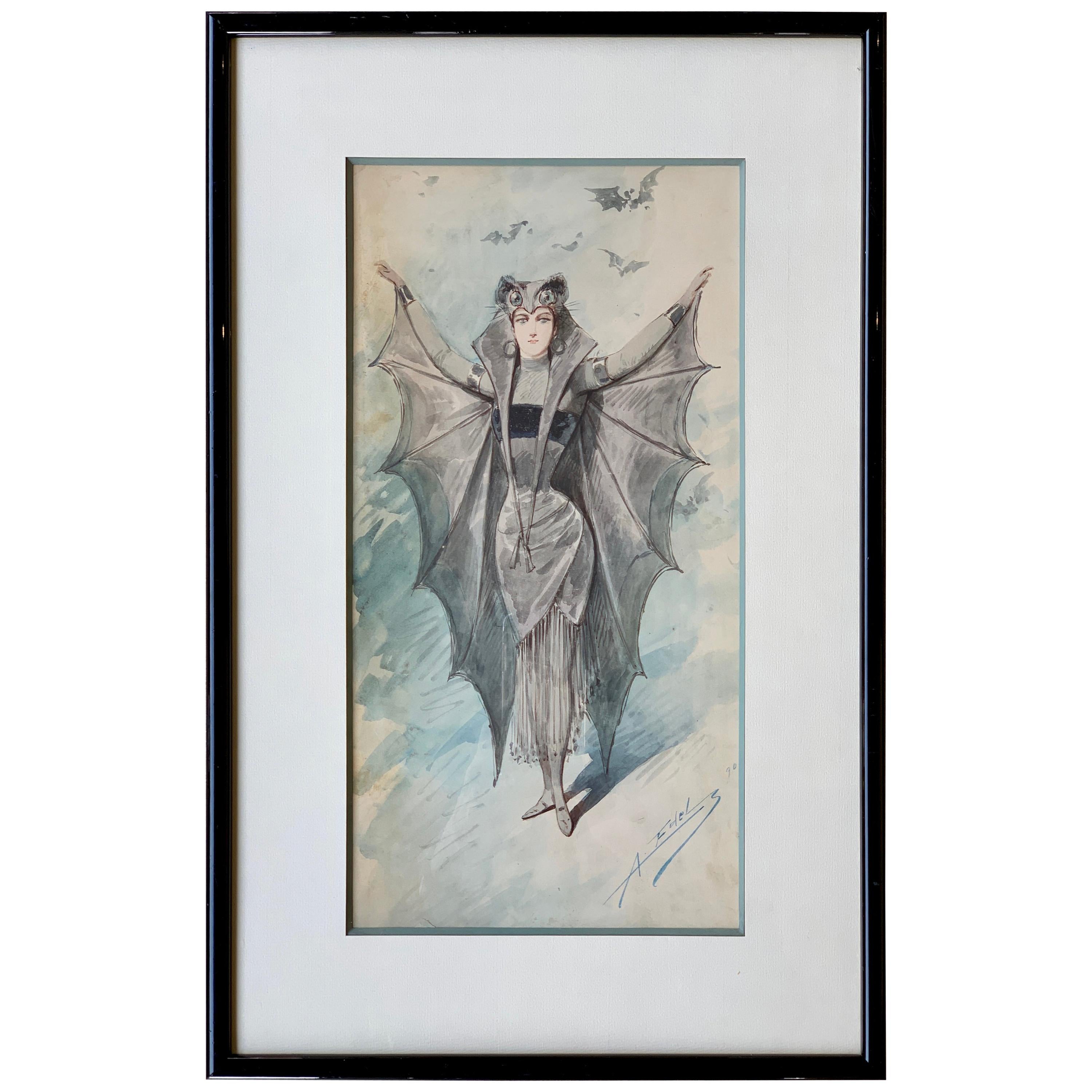 Original Art Nouveau Watercolor Painting of a Bat Woman by Alfredo Edel Colorno 