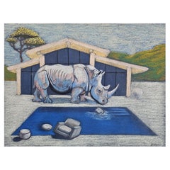 ART: Signed Original Art, Rhino House with Pool and Tossed Furniture