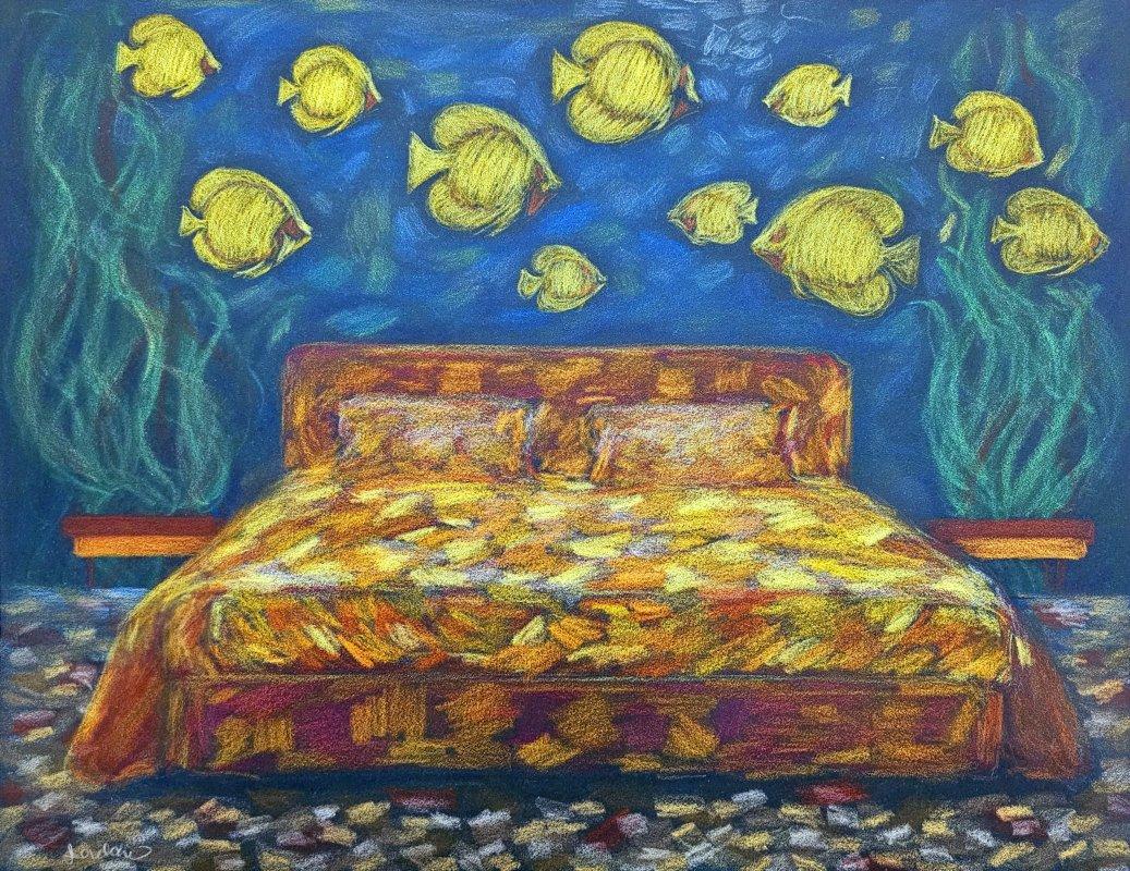 VENDITA DI CHIUSURA - ARTE:Acquerello originale Camera da letto marina con pesci, firmato 
*****AVVISO: IL NOSTRO NEGOZIO 1ST DIBS CHIUDE ALLA FINE DI MAGGIO*****
Questo magico disegno a matita acquerellata su carta pastello pesante senza acidi da